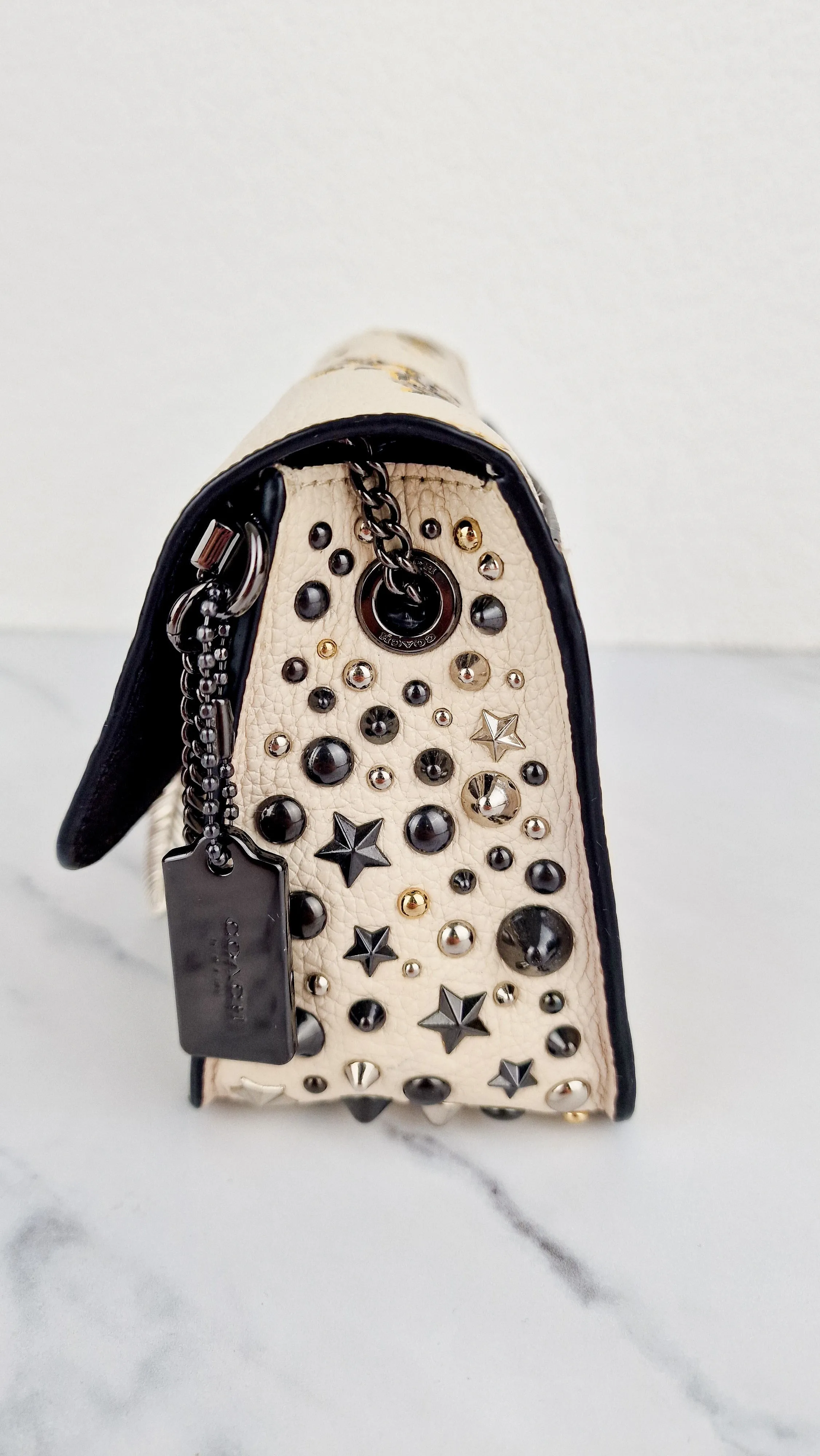 Coach Bowery Crossbody With Rebel Charm, Mixed Star Rivets & Yellow Floral Print - Chalk Pebble Leather & Gunmetal Hardware - Coach 59491