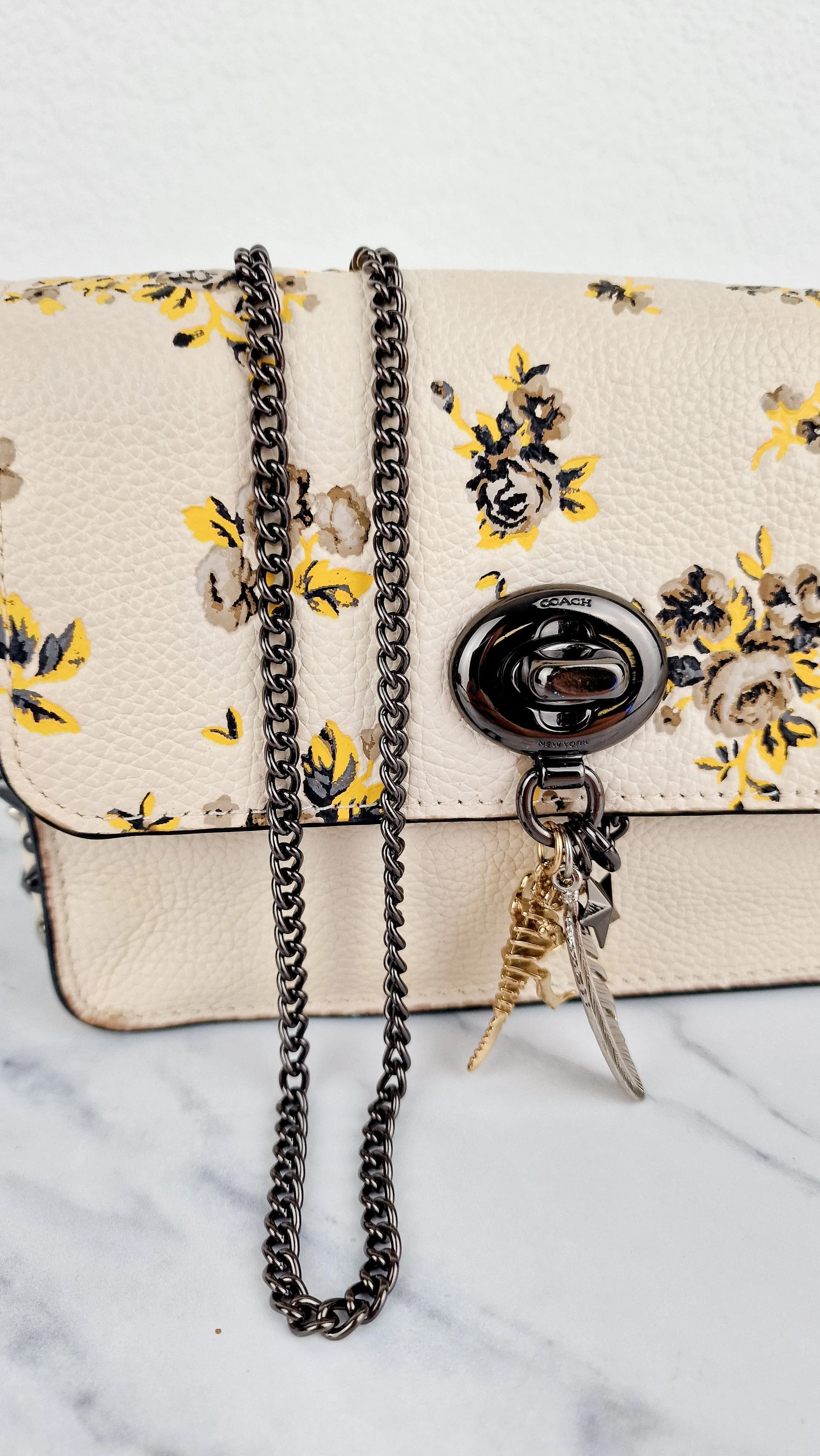 Coach Bowery Crossbody With Rebel Charm, Mixed Star Rivets & Yellow Floral Print - Chalk Pebble Leather & Gunmetal Hardware - Coach 59491