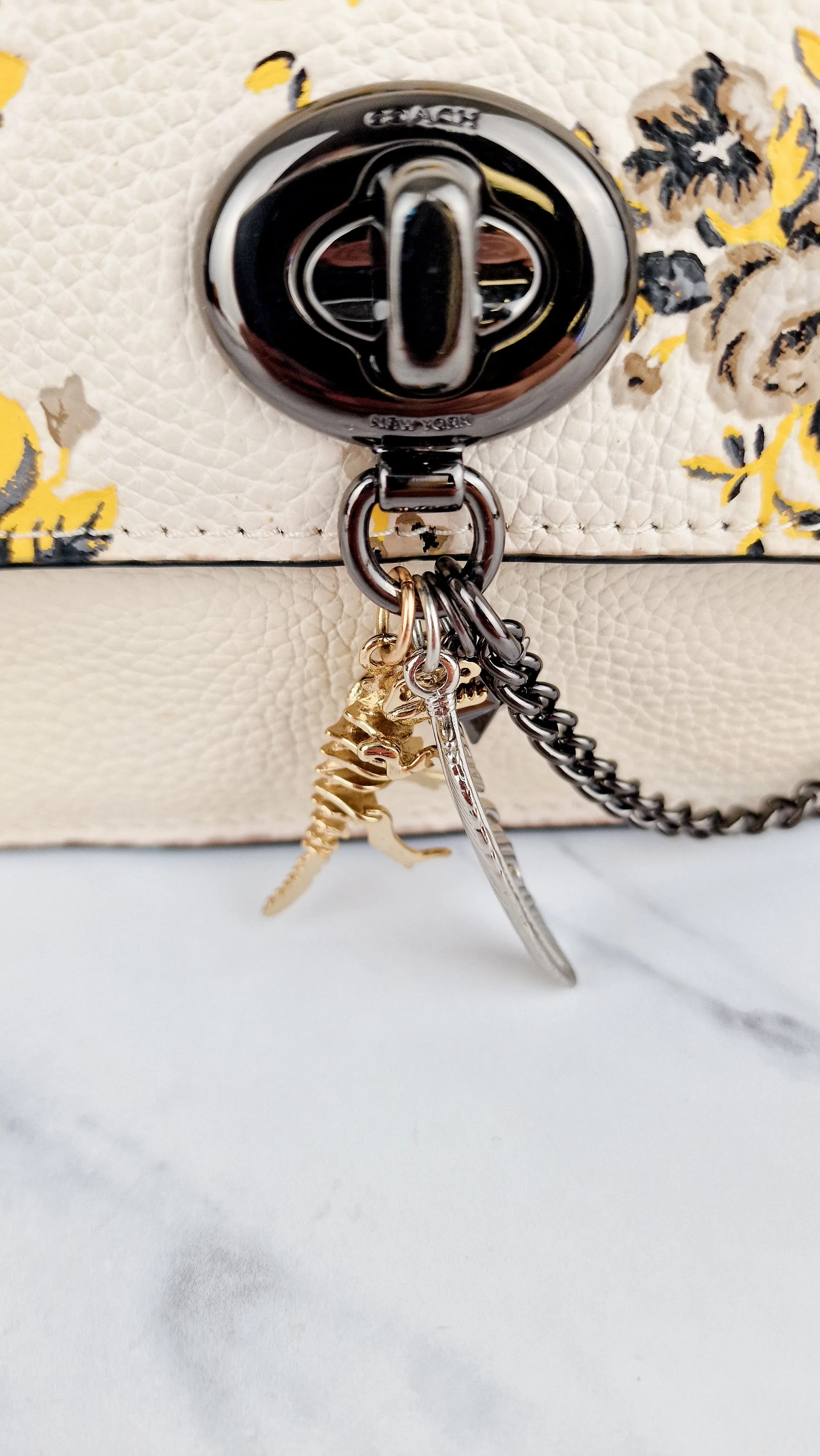 Coach Bowery Crossbody With Rebel Charm, Mixed Star Rivets & Yellow Floral Print - Chalk Pebble Leather & Gunmetal Hardware - Coach 59491