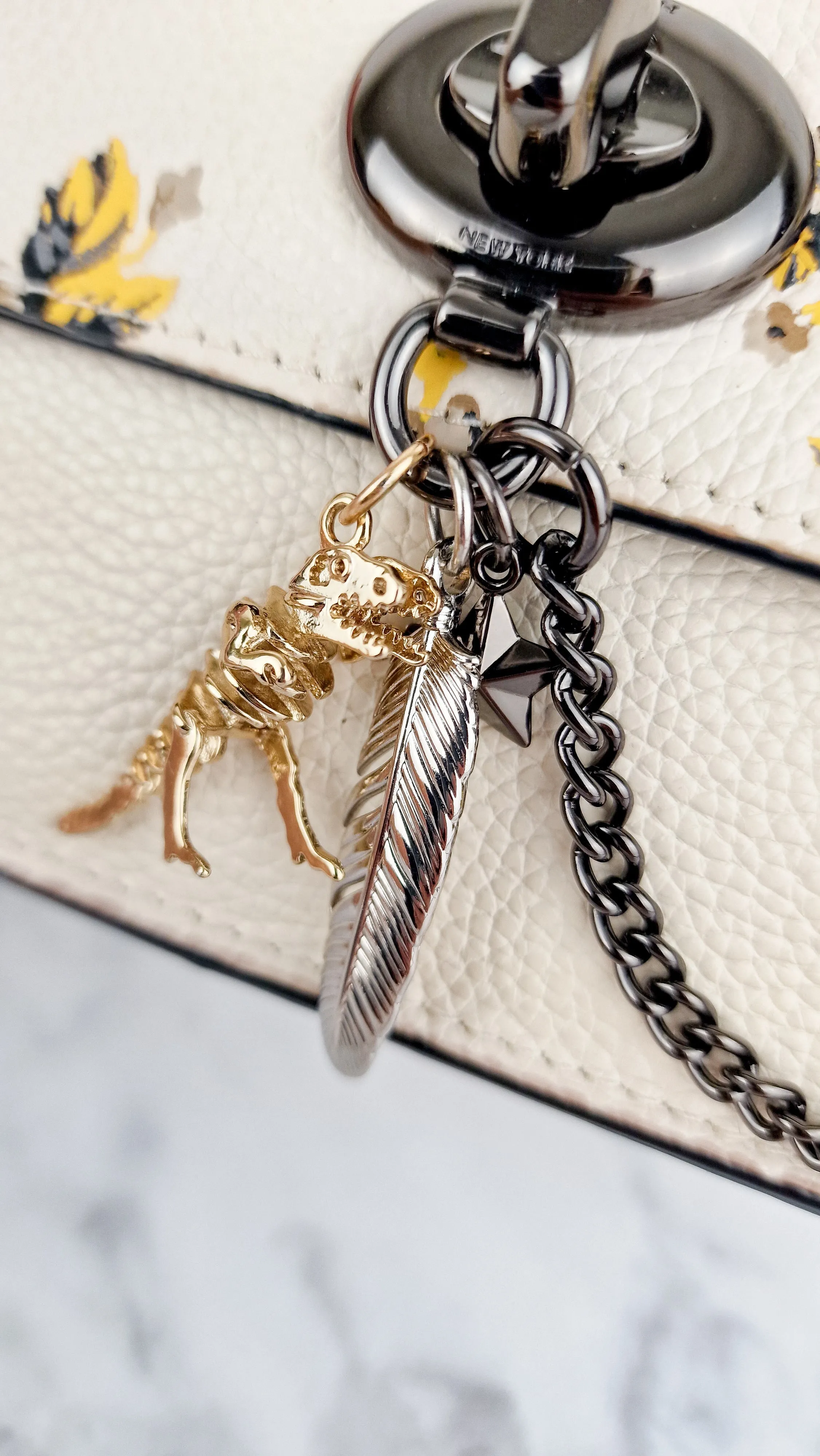 Coach Bowery Crossbody With Rebel Charm, Mixed Star Rivets & Yellow Floral Print - Chalk Pebble Leather & Gunmetal Hardware - Coach 59491