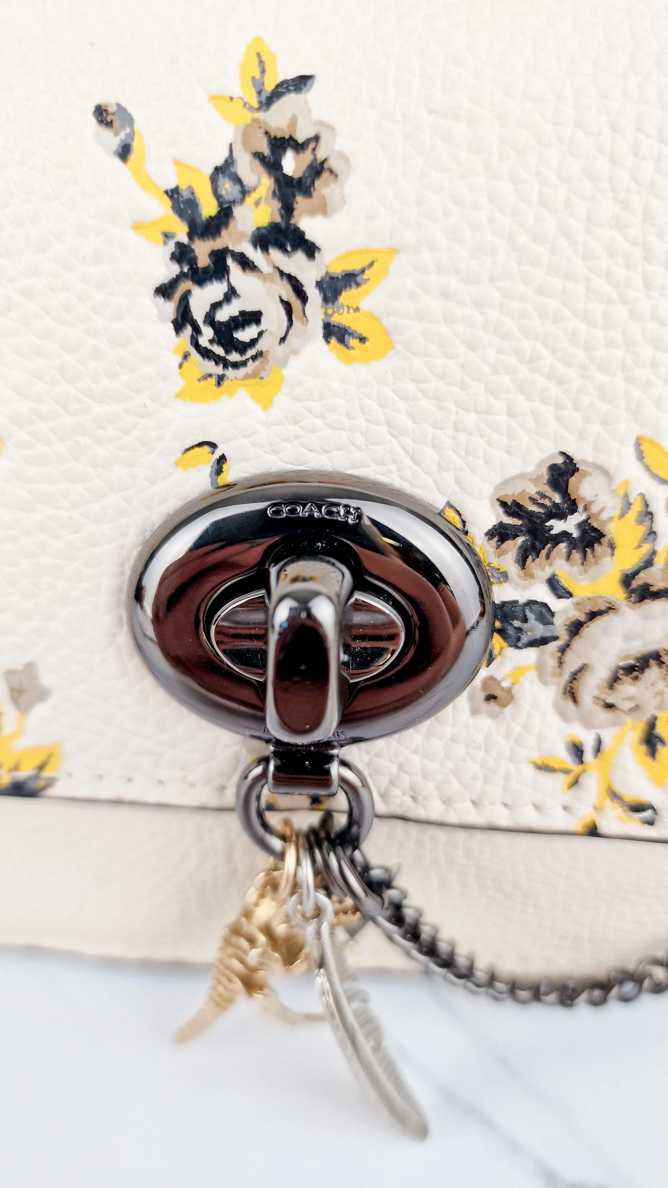 Coach Bowery Crossbody With Rebel Charm, Mixed Star Rivets & Yellow Floral Print - Chalk Pebble Leather & Gunmetal Hardware - Coach 59491