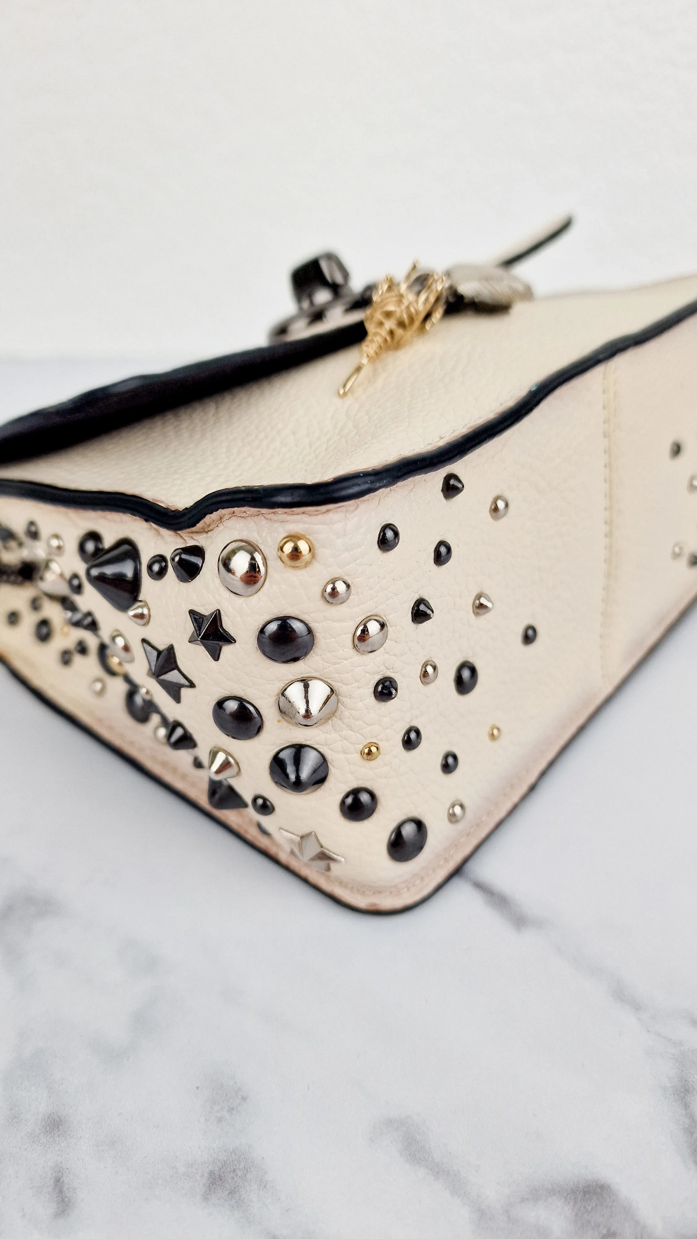 Coach Bowery Crossbody With Rebel Charm, Mixed Star Rivets & Yellow Floral Print - Chalk Pebble Leather & Gunmetal Hardware - Coach 59491