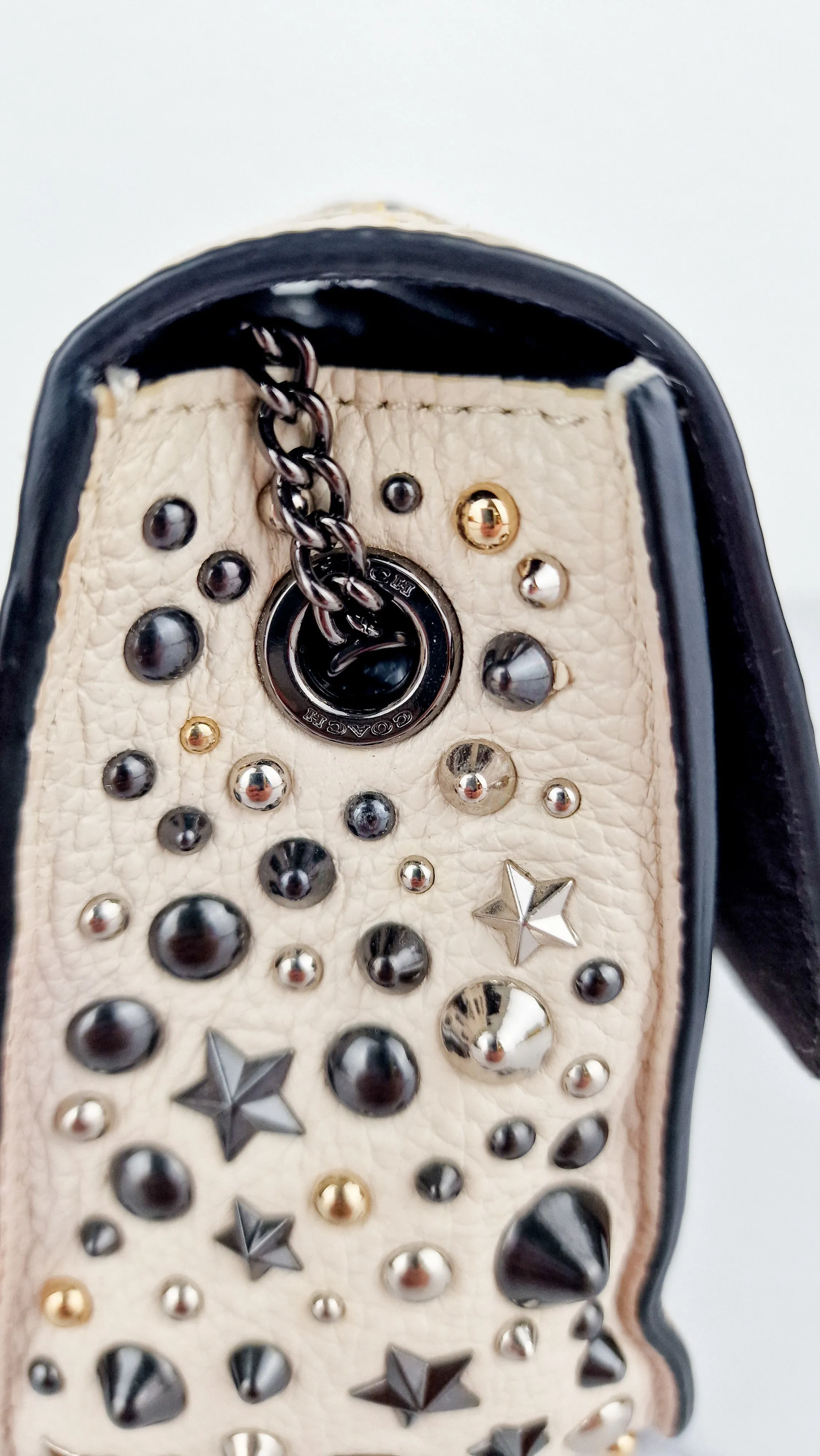 Coach Bowery Crossbody With Rebel Charm, Mixed Star Rivets & Yellow Floral Print - Chalk Pebble Leather & Gunmetal Hardware - Coach 59491