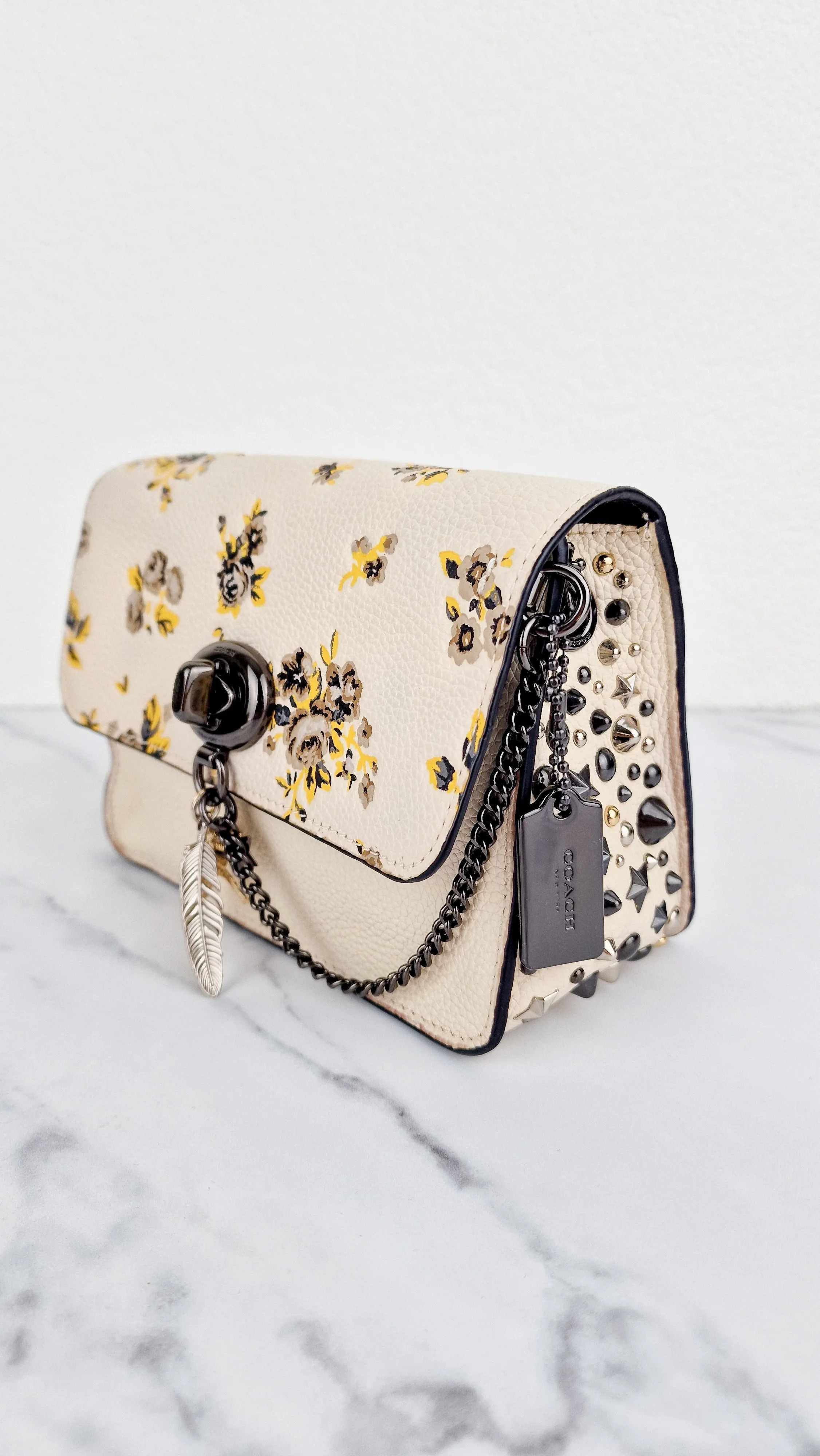 Coach Bowery Crossbody With Rebel Charm, Mixed Star Rivets & Yellow Floral Print - Chalk Pebble Leather & Gunmetal Hardware - Coach 59491