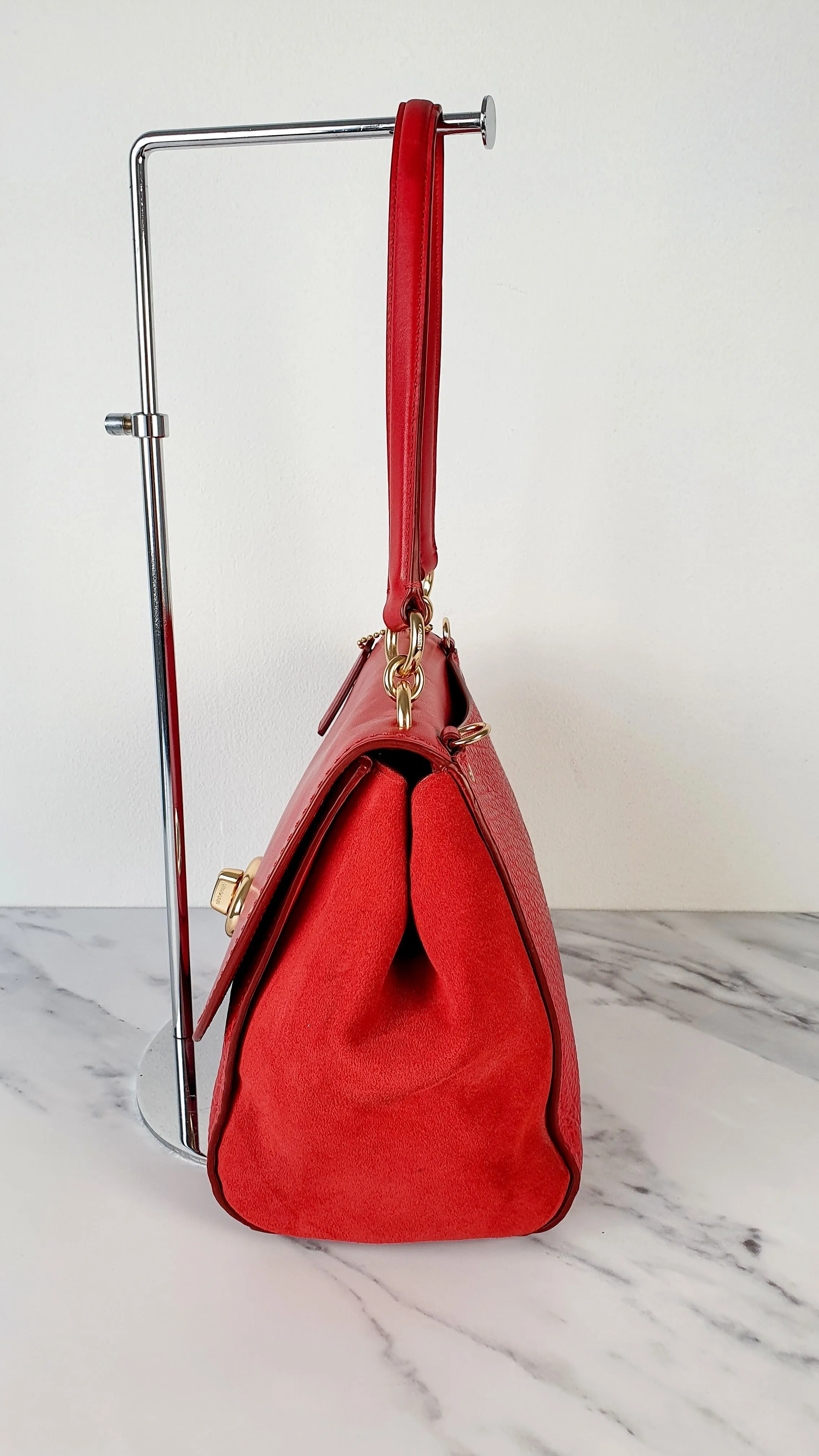 Coach Faye in Red Mixed Leather & Suede Flap Bag Turnlock Tophandle Crossbody