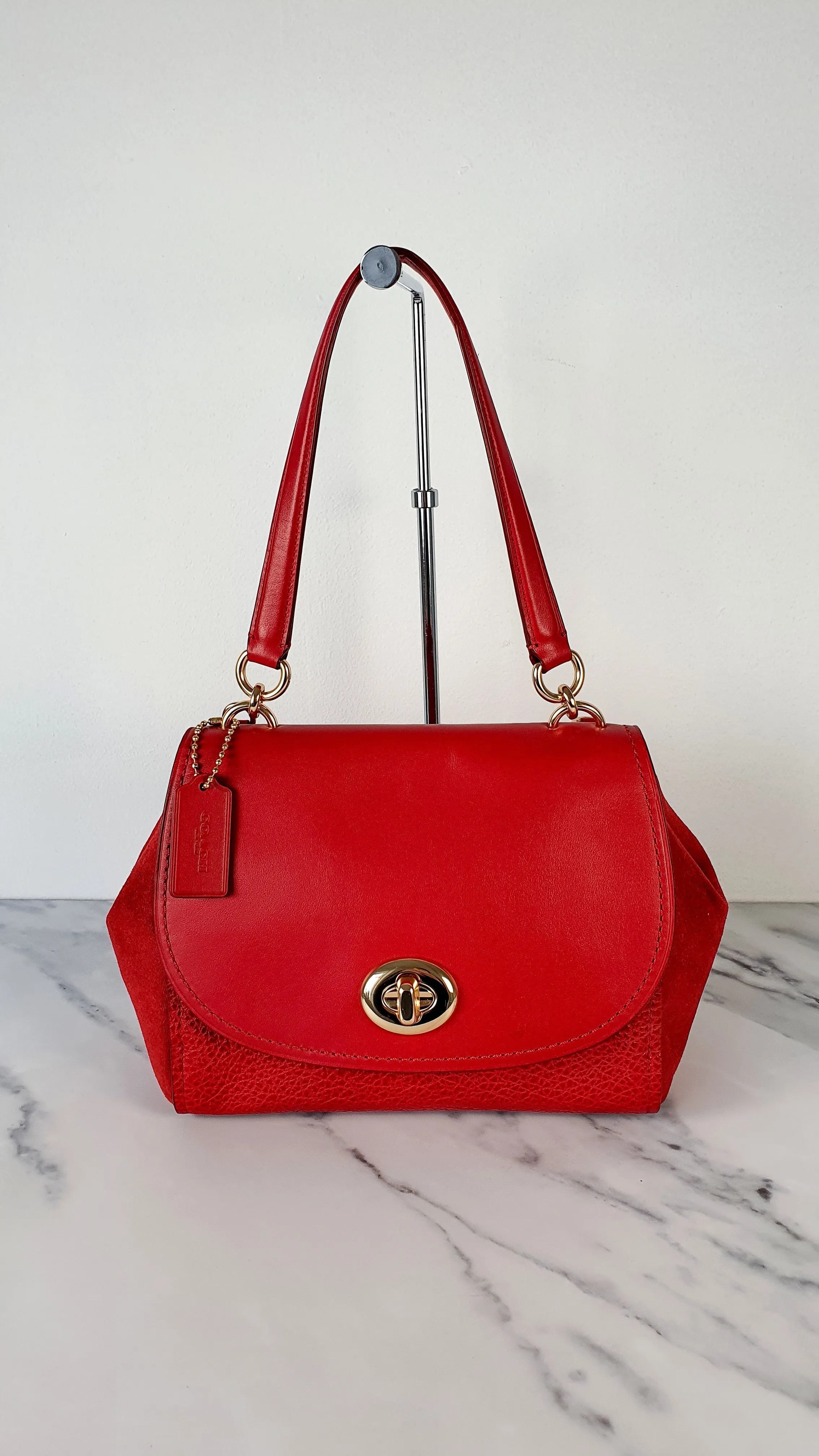 Coach Faye in Red Mixed Leather & Suede Flap Bag Turnlock Tophandle Crossbody