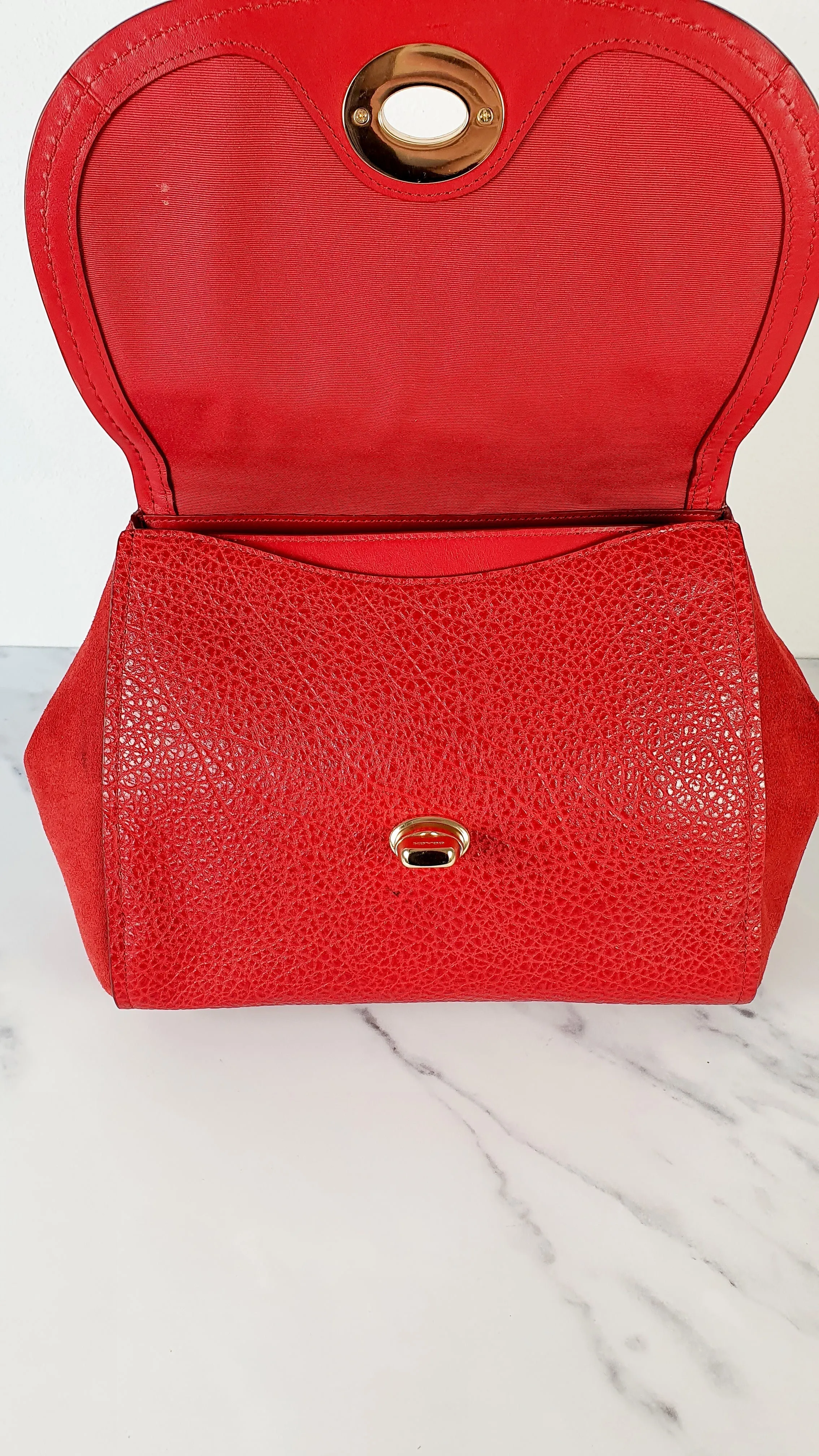 Coach Faye in Red Mixed Leather & Suede Flap Bag Turnlock Tophandle Crossbody