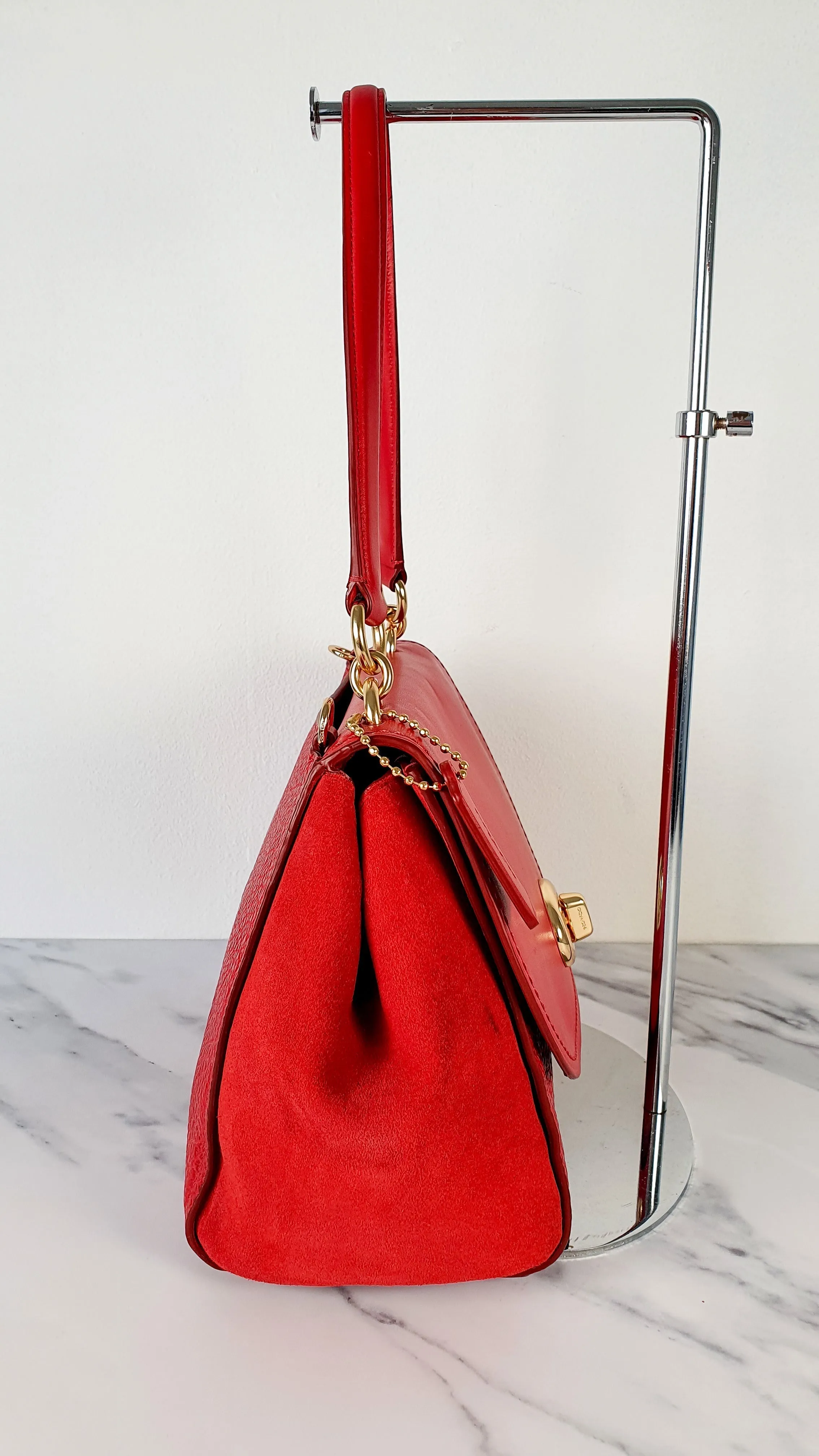 Coach Faye in Red Mixed Leather & Suede Flap Bag Turnlock Tophandle Crossbody
