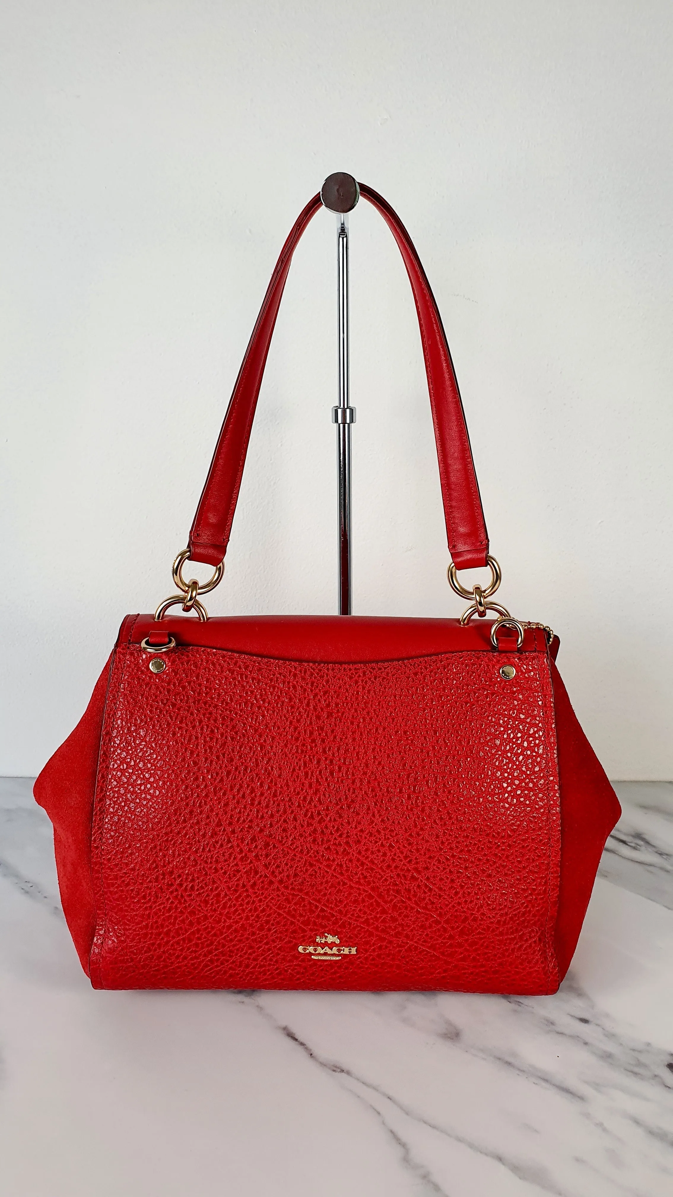 Coach Faye in Red Mixed Leather & Suede Flap Bag Turnlock Tophandle Crossbody