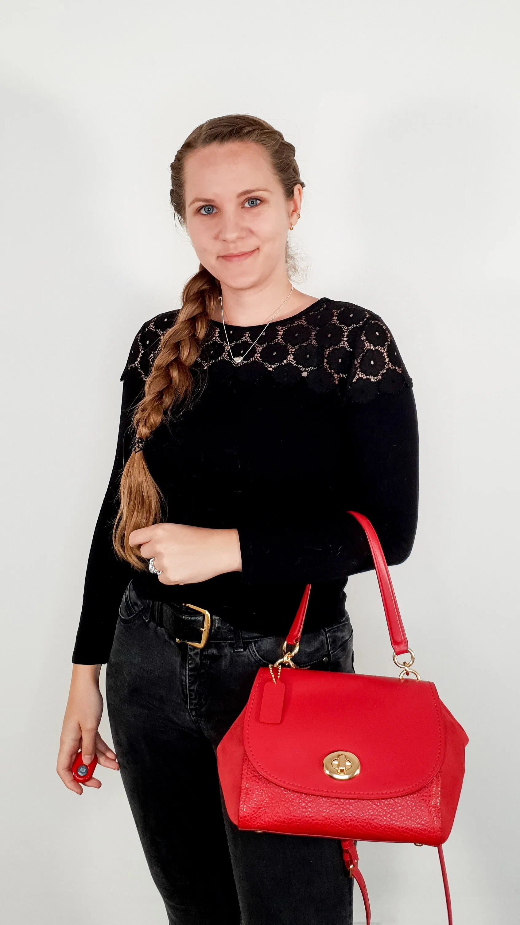 Coach Faye in Red Mixed Leather & Suede Flap Bag Turnlock Tophandle Crossbody