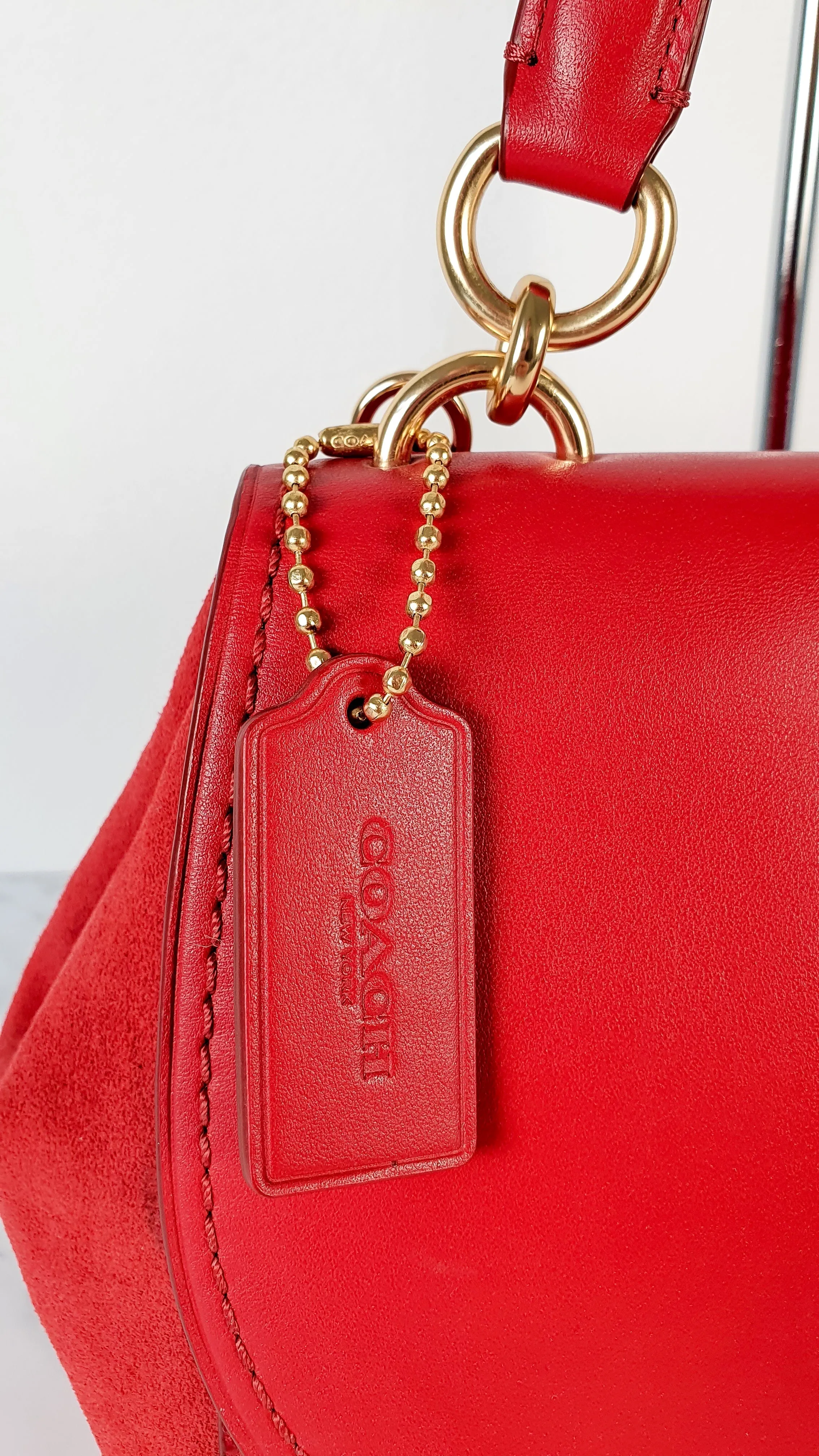 Coach Faye in Red Mixed Leather & Suede Flap Bag Turnlock Tophandle Crossbody