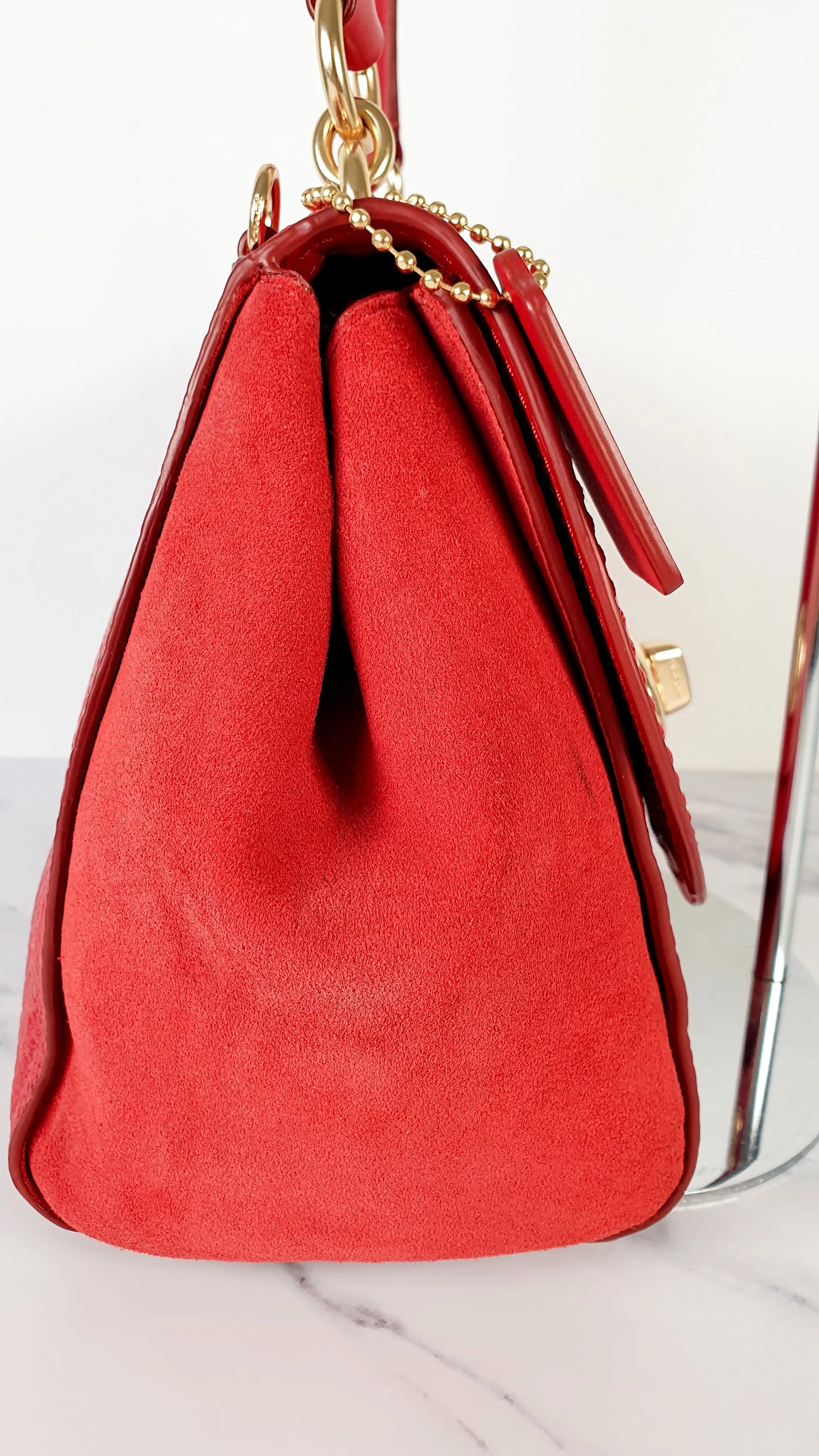 Coach Faye in Red Mixed Leather & Suede Flap Bag Turnlock Tophandle Crossbody