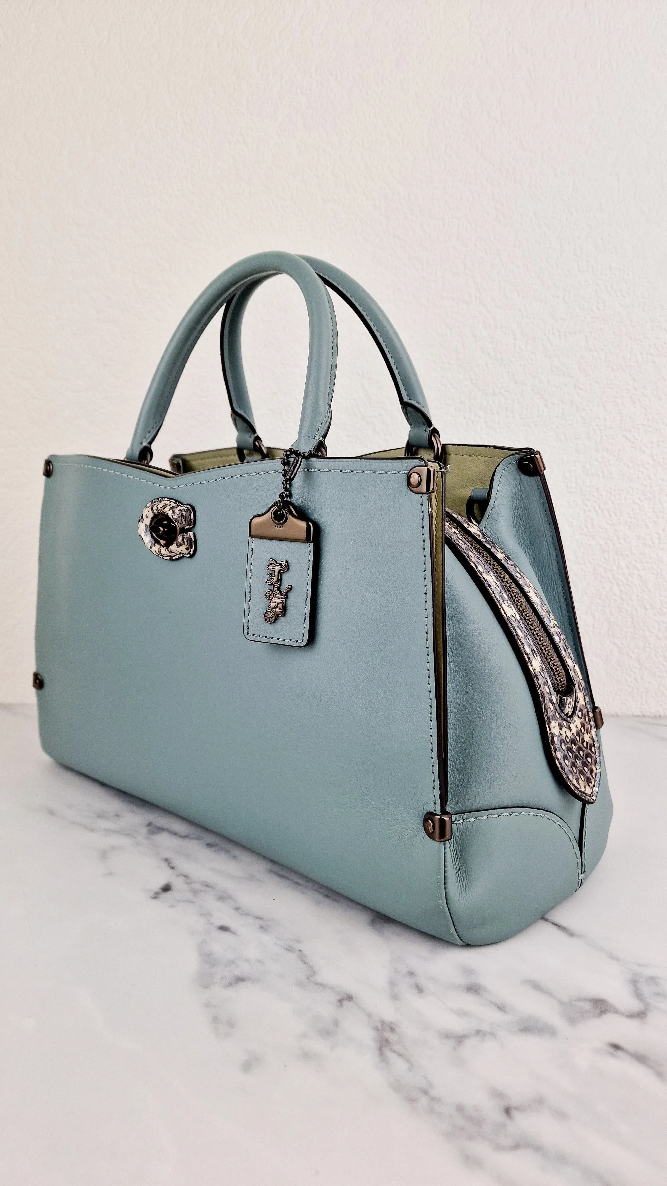 Coach Mason Carryall in Sage Pale Blue Green Smooth Leather Snakeskin Handbag - Coach 38717