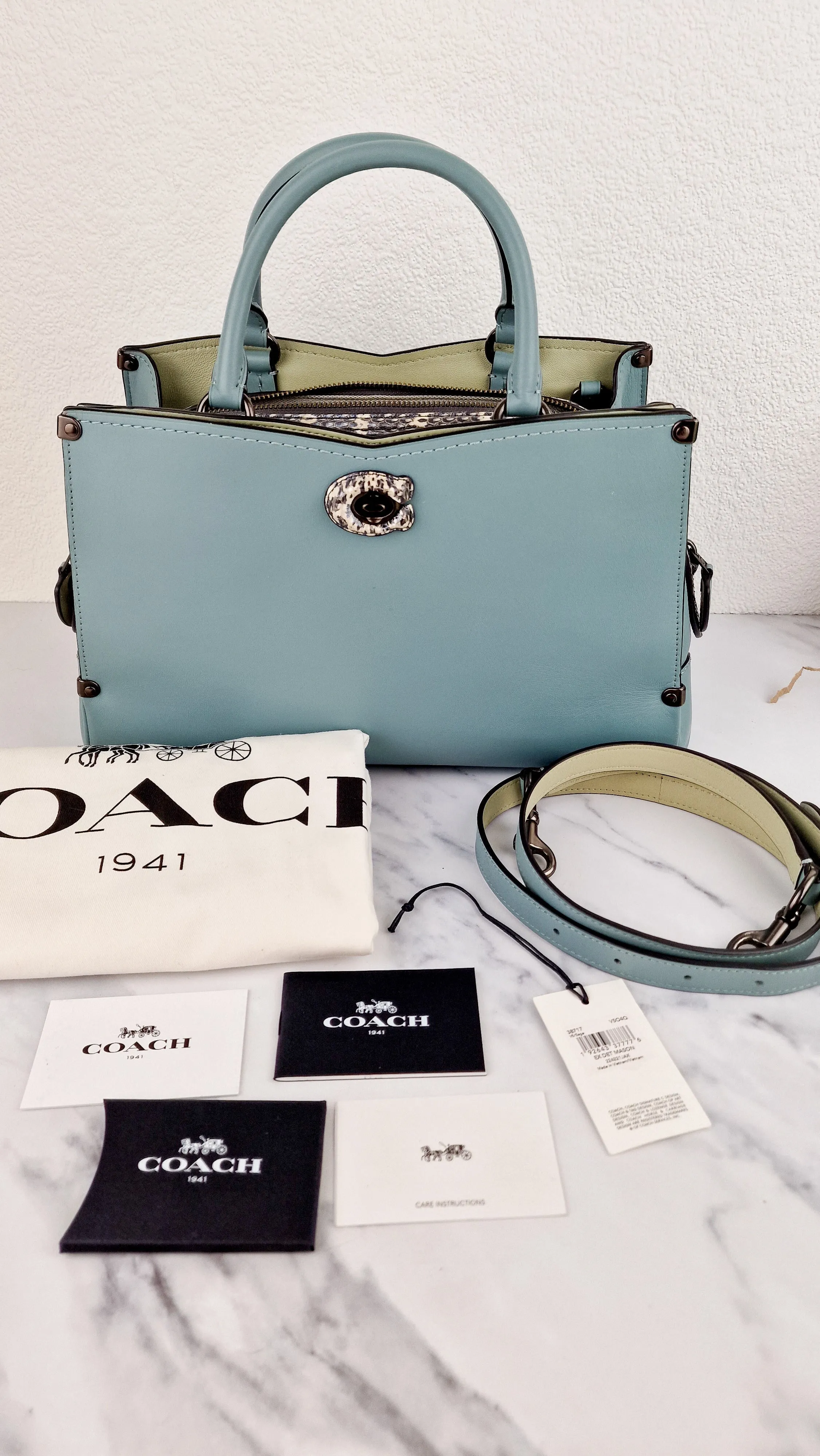 Coach Mason Carryall in Sage Pale Blue Green Smooth Leather Snakeskin Handbag - Coach 38717