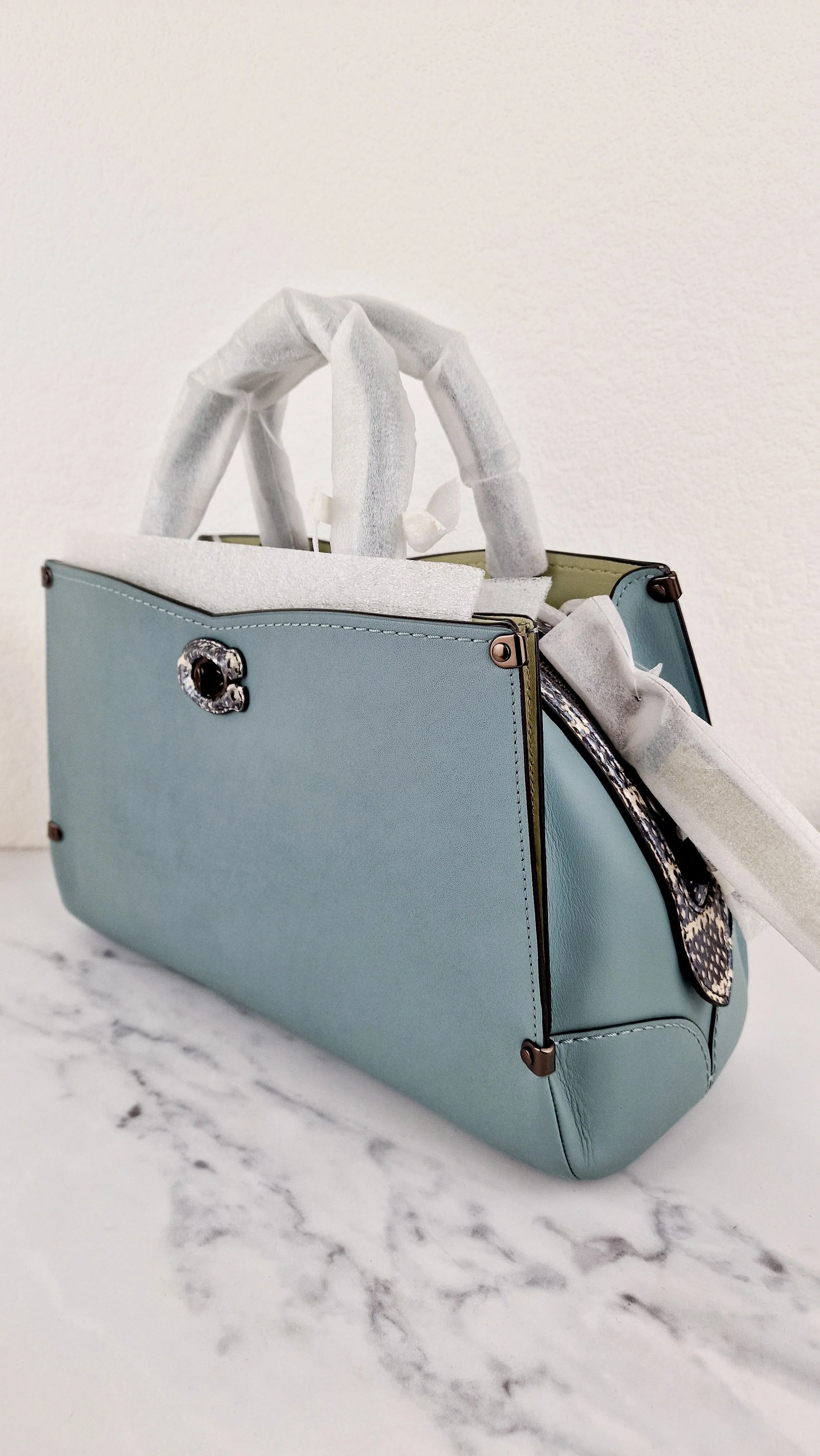 Coach Mason Carryall in Sage Pale Blue Green Smooth Leather with Snakeskin C Turnlock - Coach 38717 - Handbag