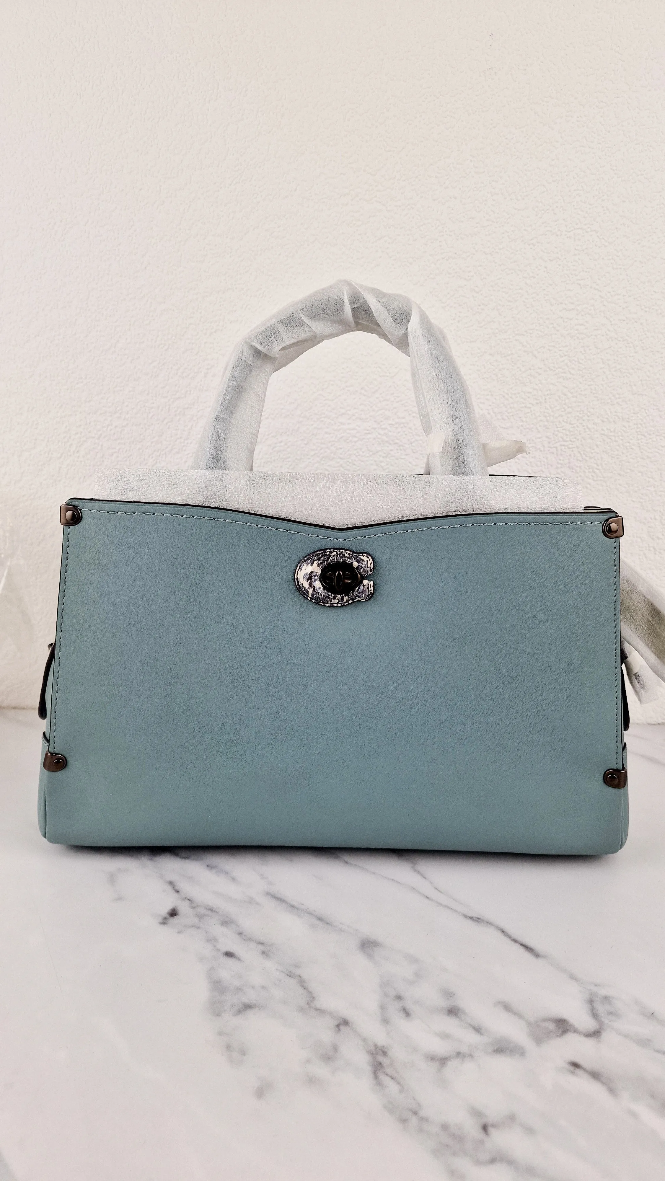 Coach Mason Carryall in Sage Pale Blue Green Smooth Leather with Snakeskin C Turnlock - Coach 38717 - Handbag