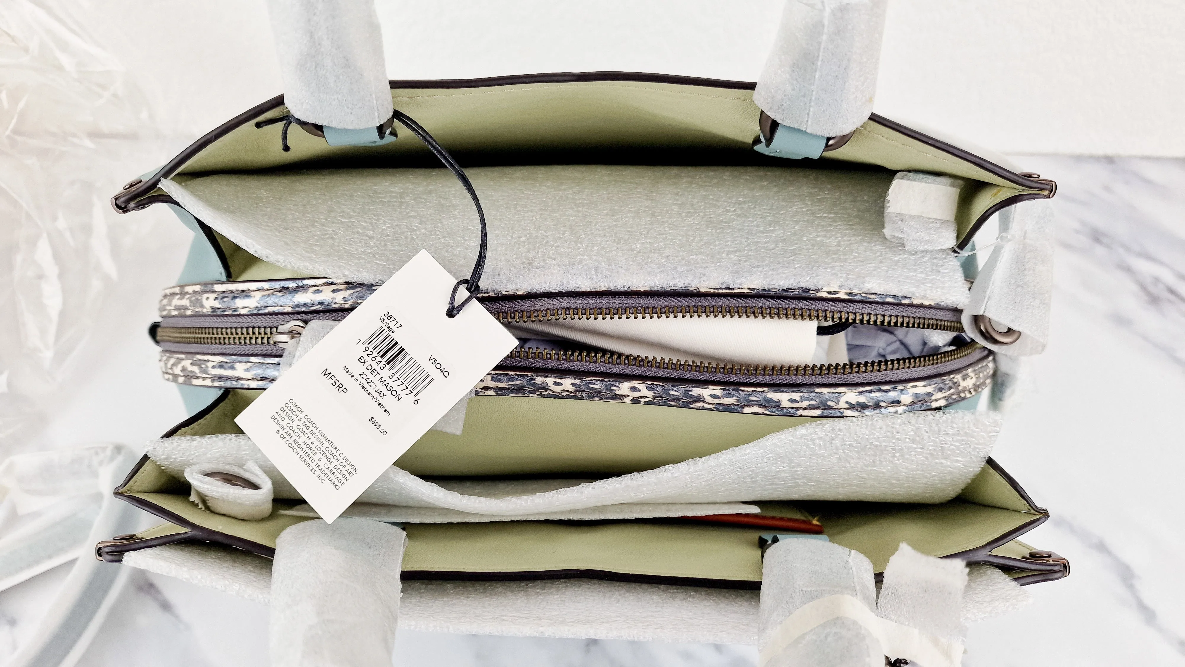 Coach Mason Carryall in Sage Pale Blue Green Smooth Leather with Snakeskin C Turnlock - Coach 38717 - Handbag