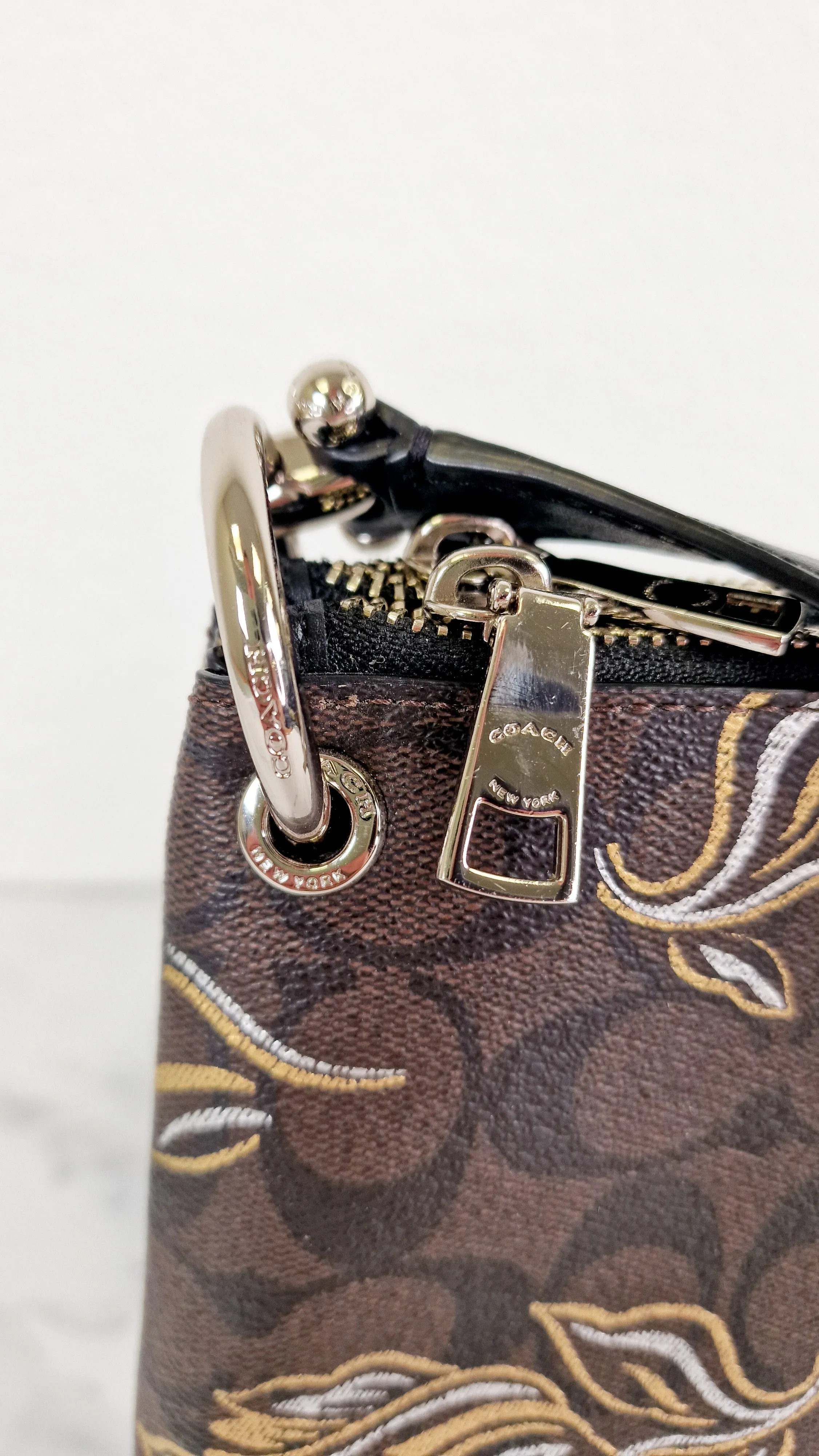Coach Mia Crossbody Bag in Chestnut Brown Signature Coated Canvas with Metallic Gold and Silver Tulips Flowers - Coach F77982
