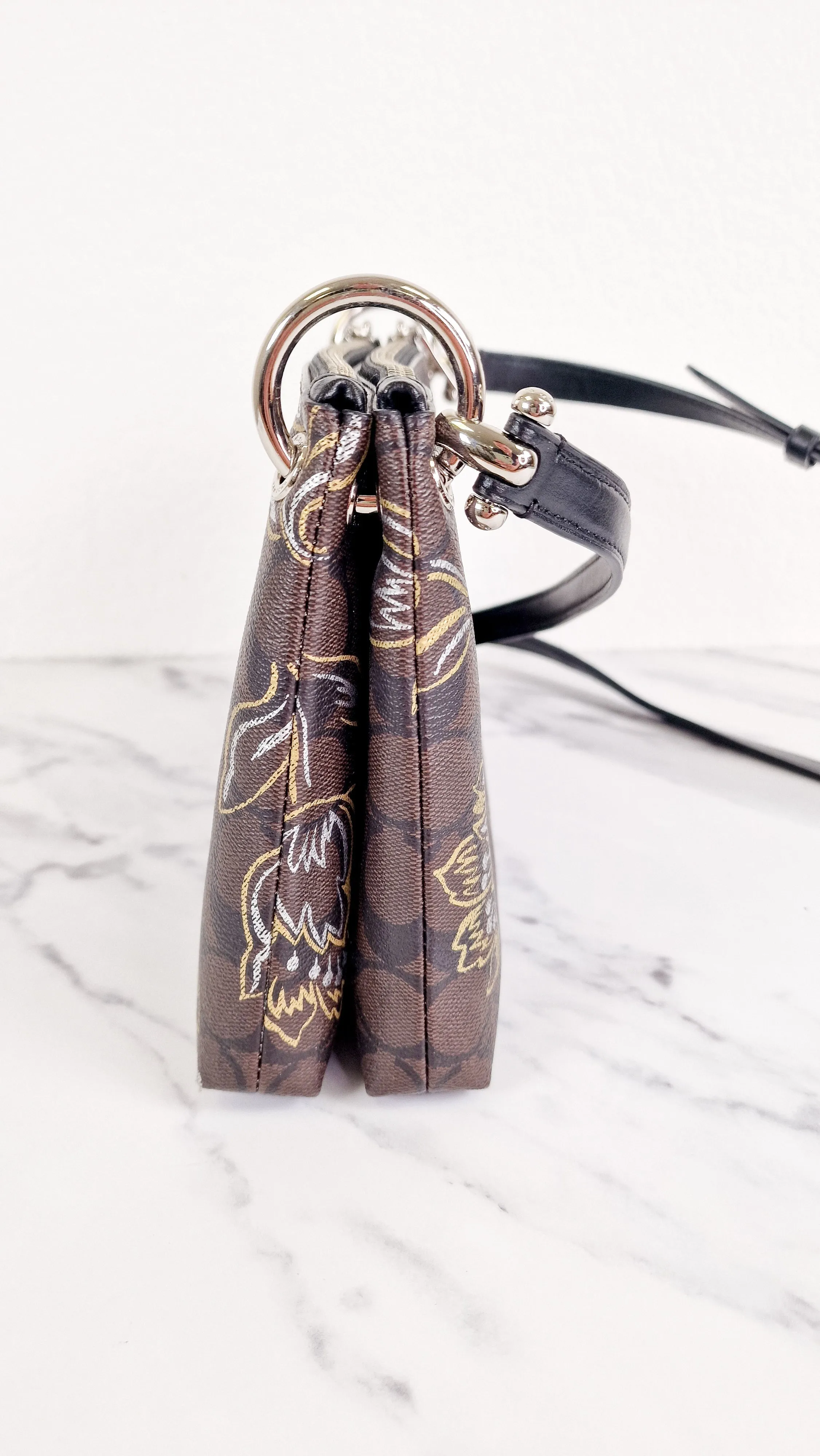 Coach Mia Crossbody Bag in Chestnut Brown Signature Coated Canvas with Metallic Gold and Silver Tulips Flowers - Coach F77982