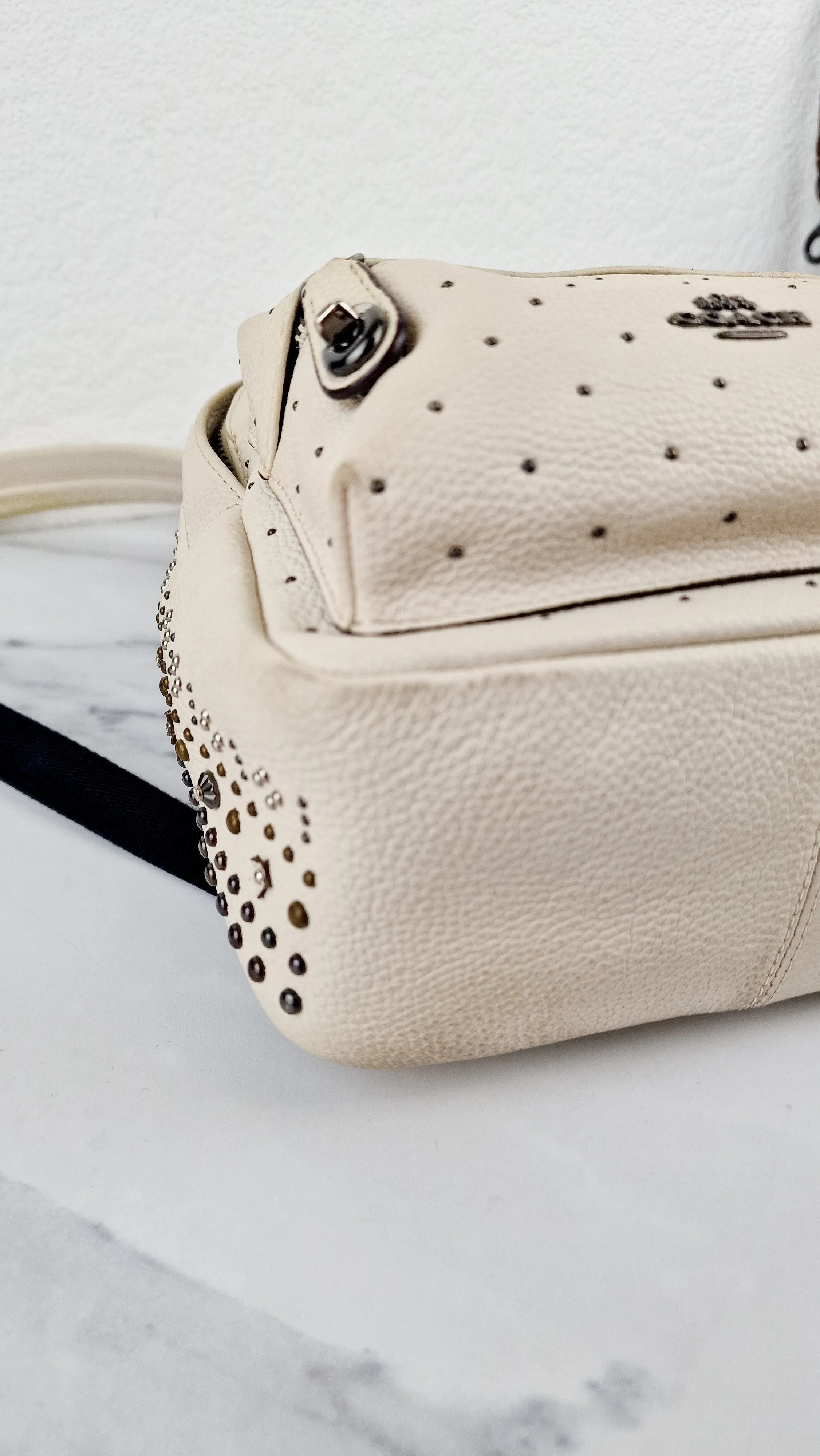 Coach Mini Campus Backpack in Chalk White Pebble Leather with Bandana Rivets - Coach 55628