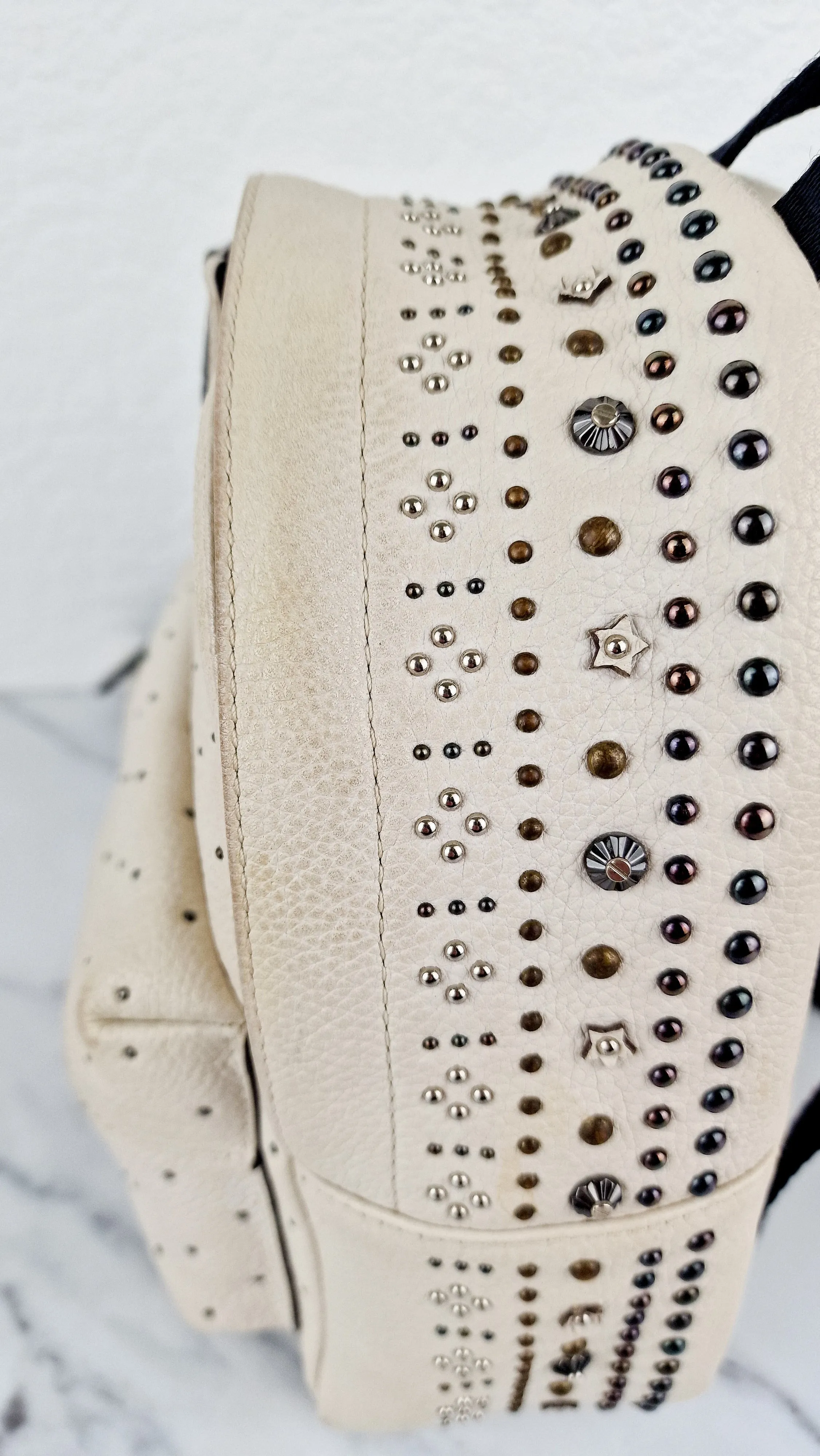Coach Mini Campus Backpack in Chalk White Pebble Leather with Bandana Rivets - Coach 55628