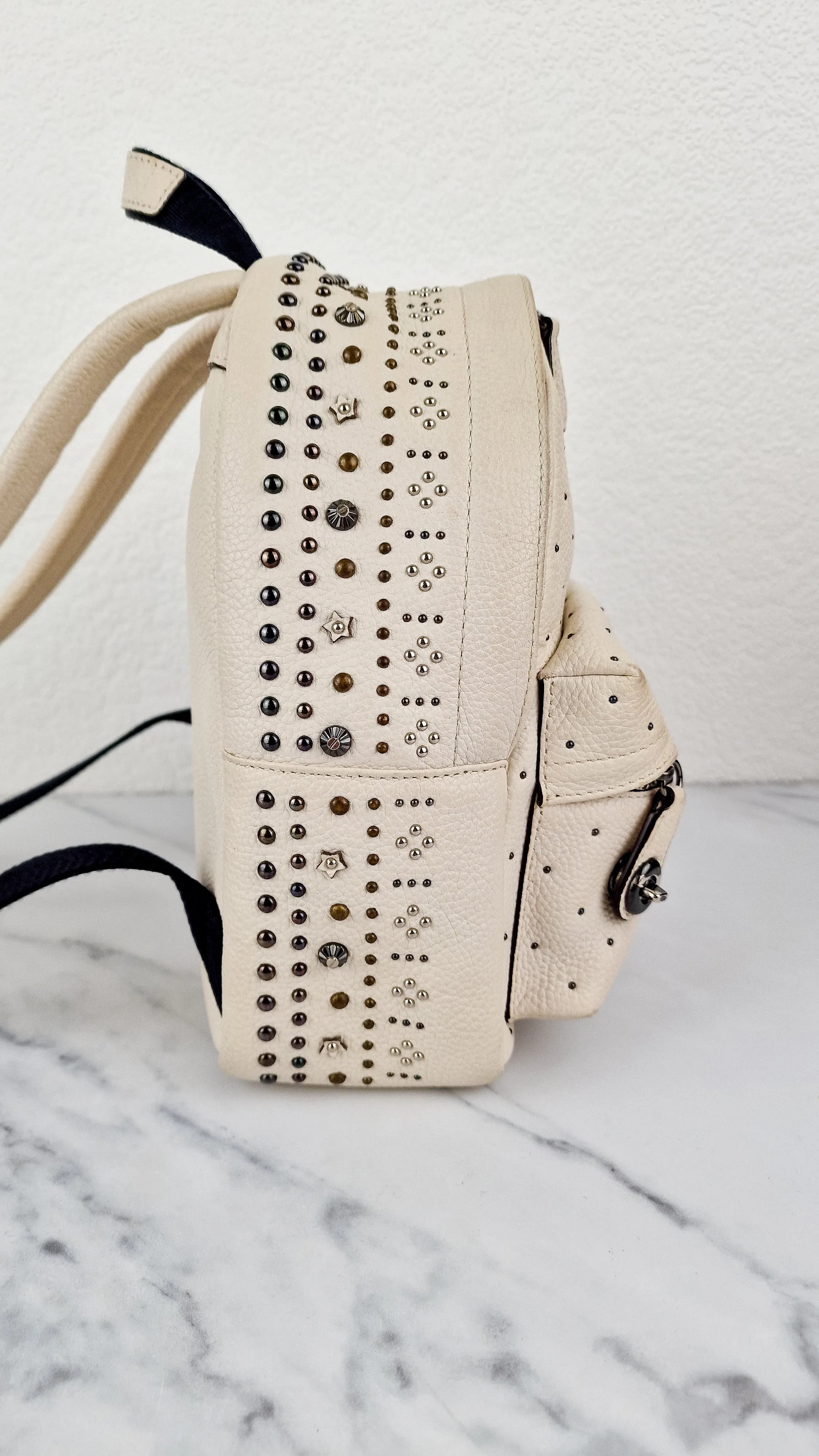 Coach Mini Campus Backpack in Chalk White Pebble Leather with Bandana Rivets - Coach 55628