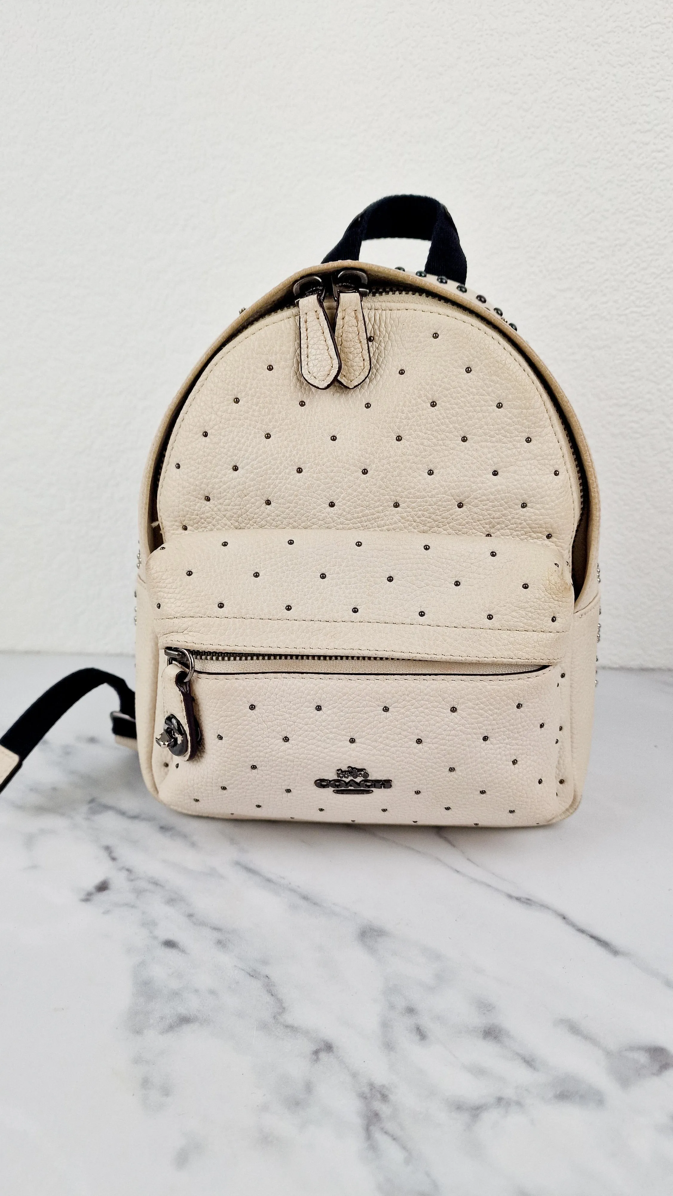 Coach Mini Campus Backpack in Chalk White Pebble Leather with Bandana Rivets - Coach 55628