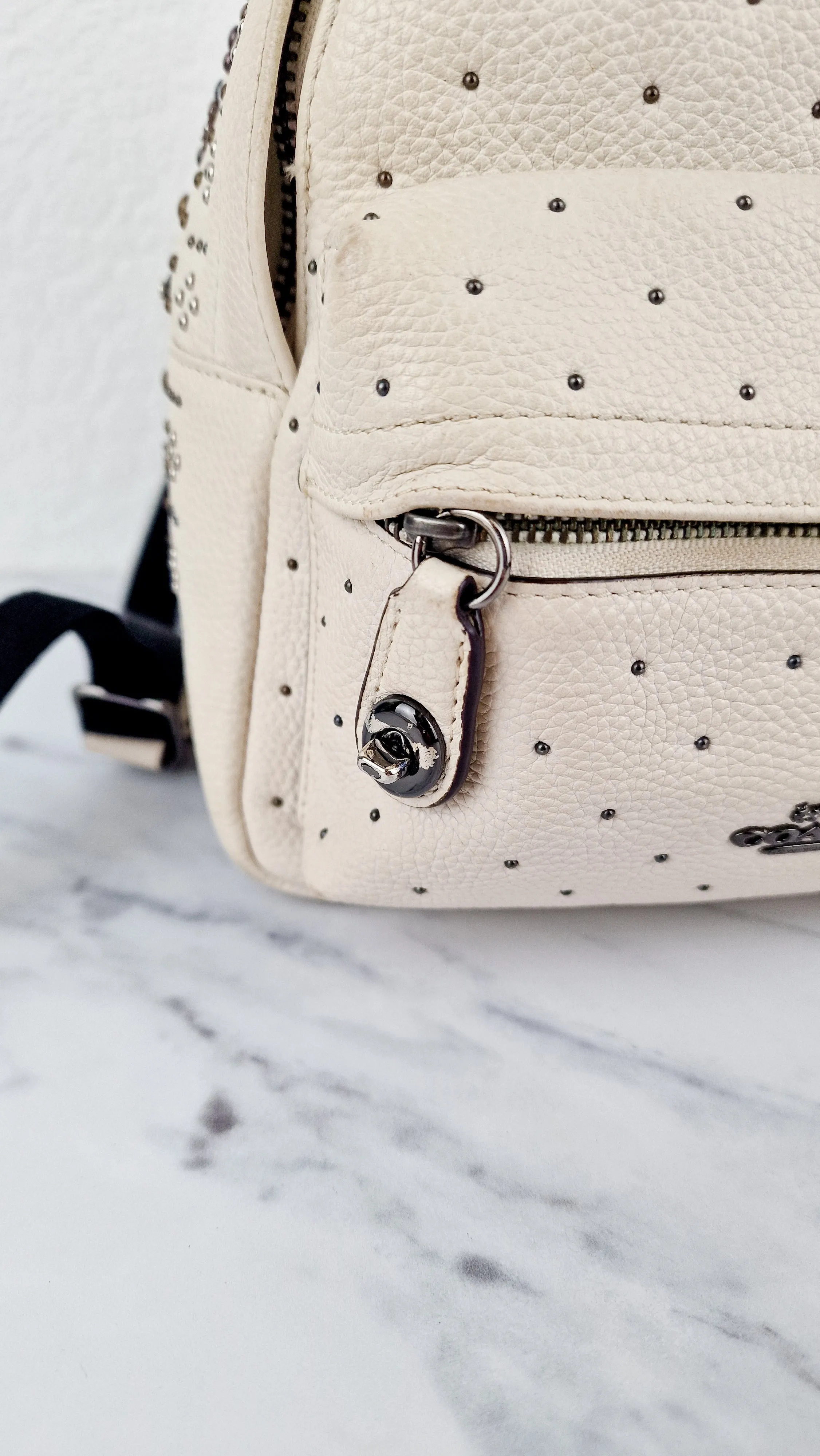 Coach Mini Campus Backpack in Chalk White Pebble Leather with Bandana Rivets - Coach 55628