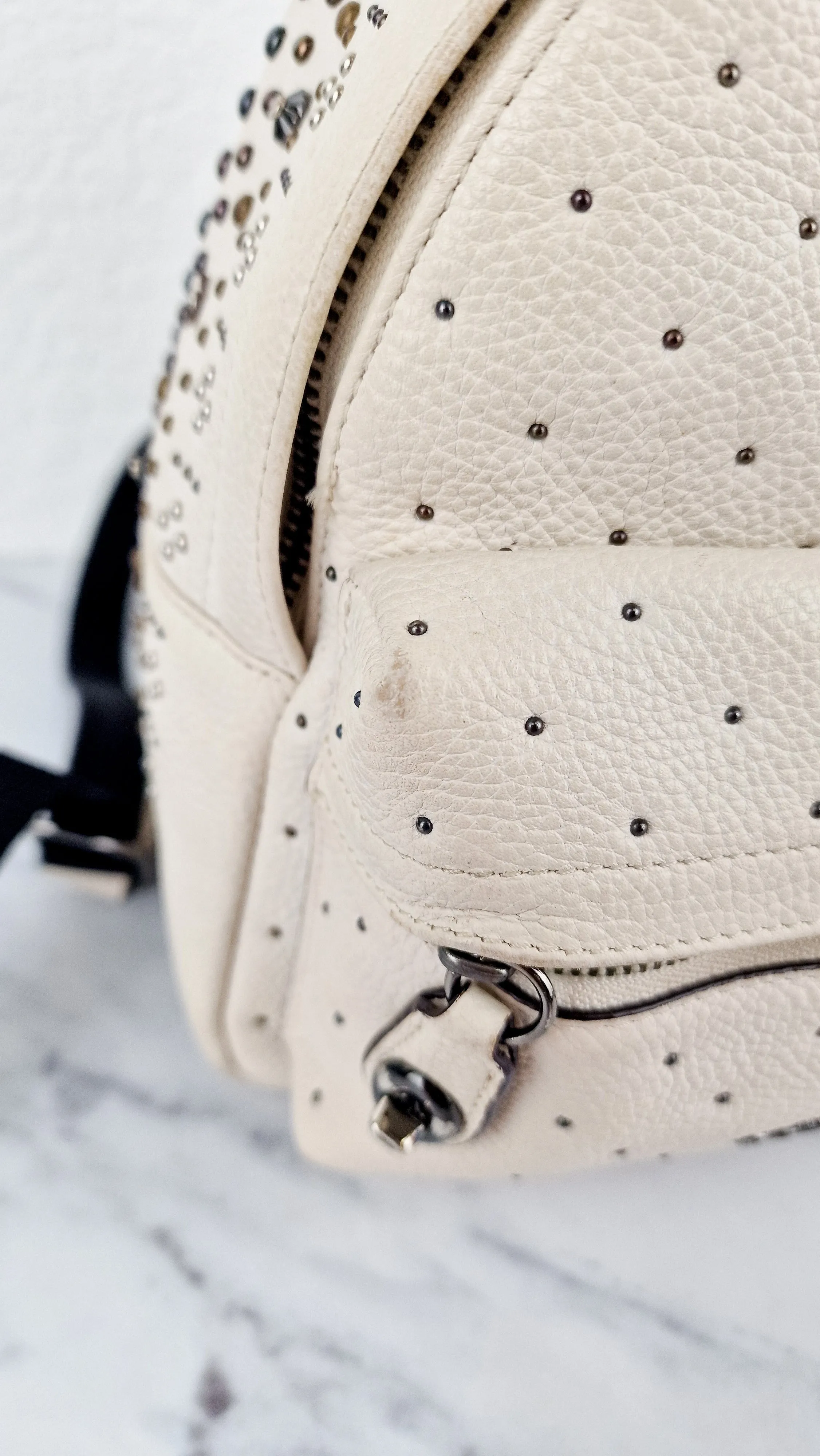 Coach Mini Campus Backpack in Chalk White Pebble Leather with Bandana Rivets - Coach 55628