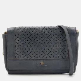 Dark Grey Leather Perforated Flap Shoulder Bag
