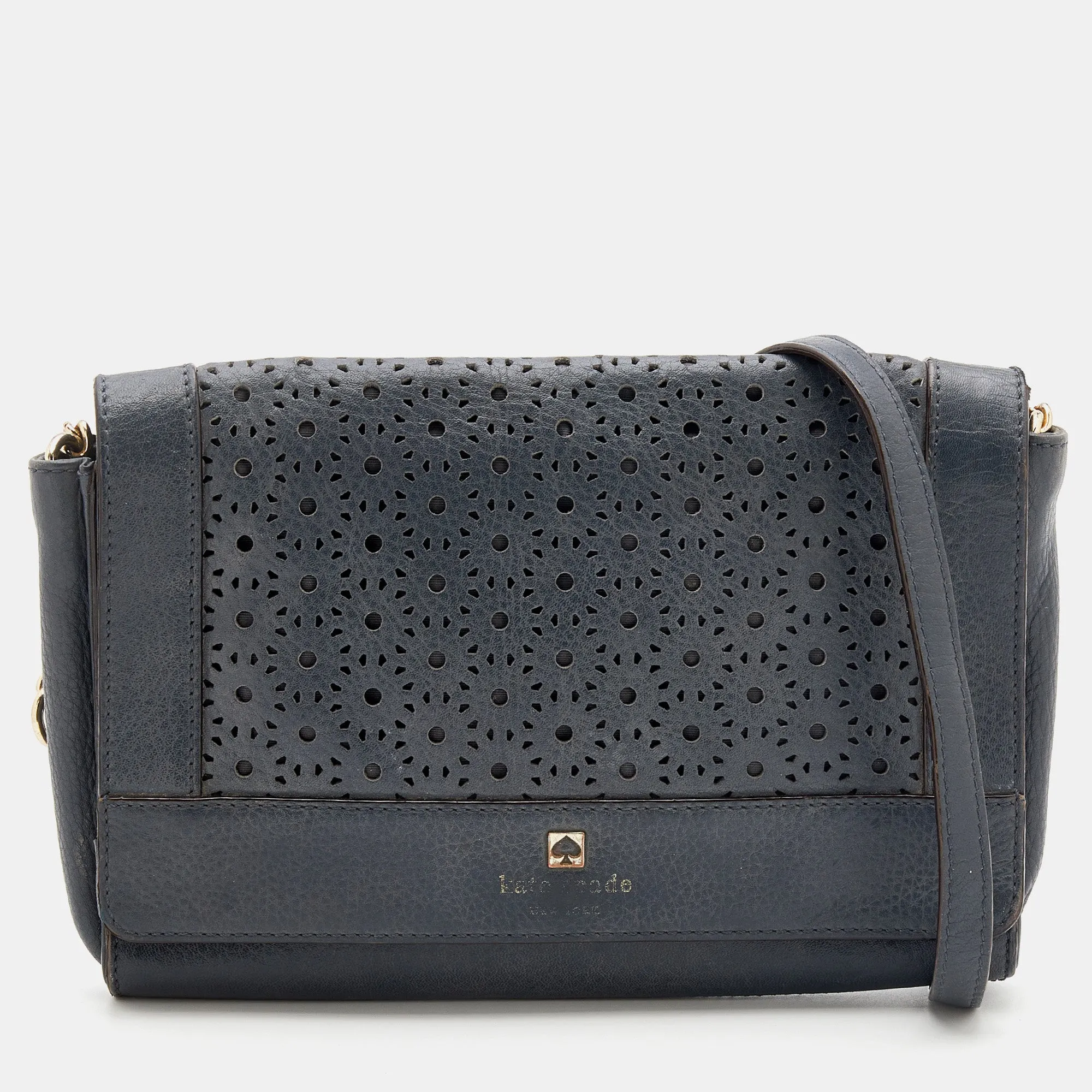 Dark Grey Leather Perforated Flap Shoulder Bag
