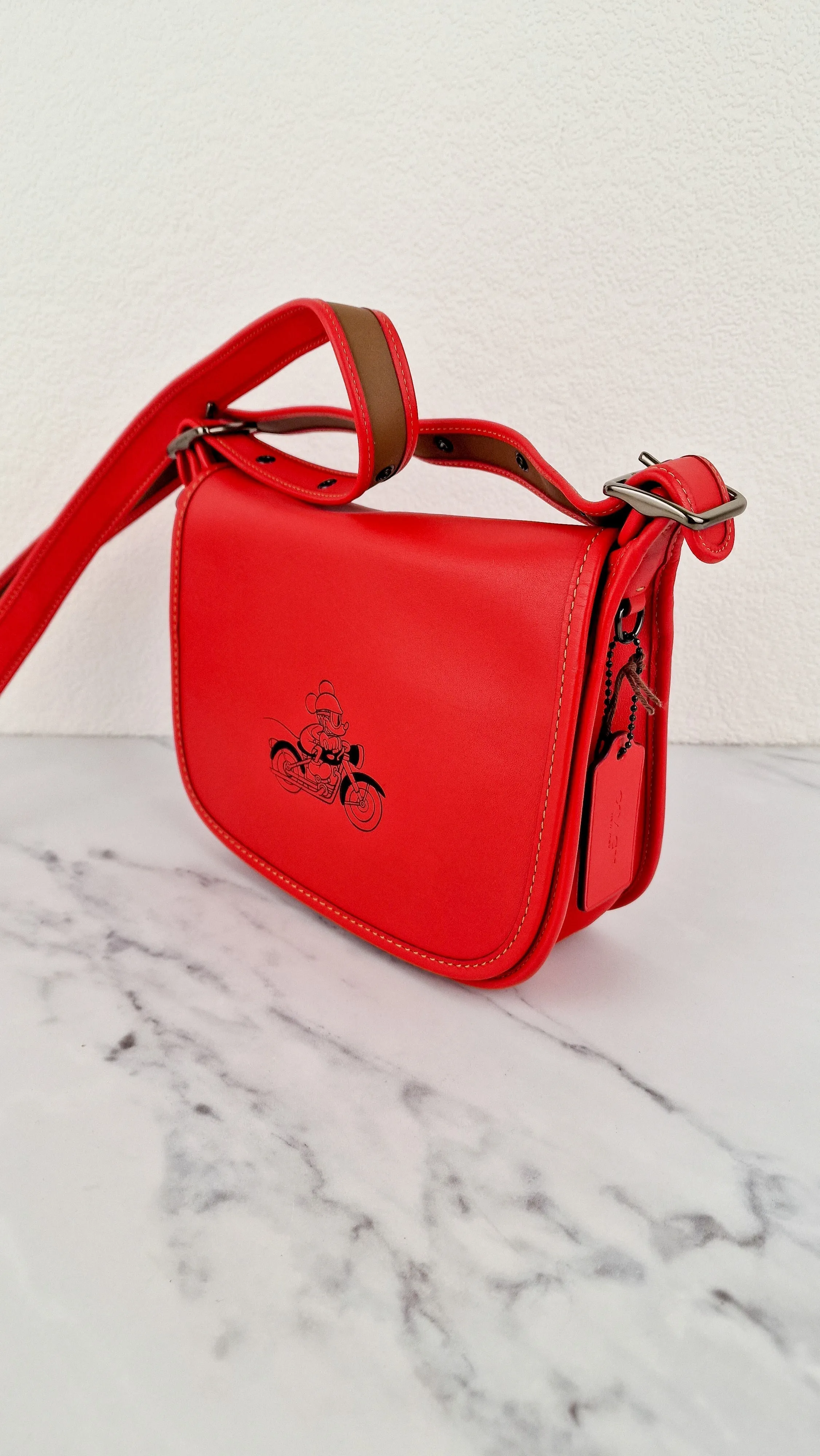 Disney X Coach Patricia Saddle Bag with Motocycle Mickey Mouse in Red Smooth Leather Crossbody Bag - Coach F59359