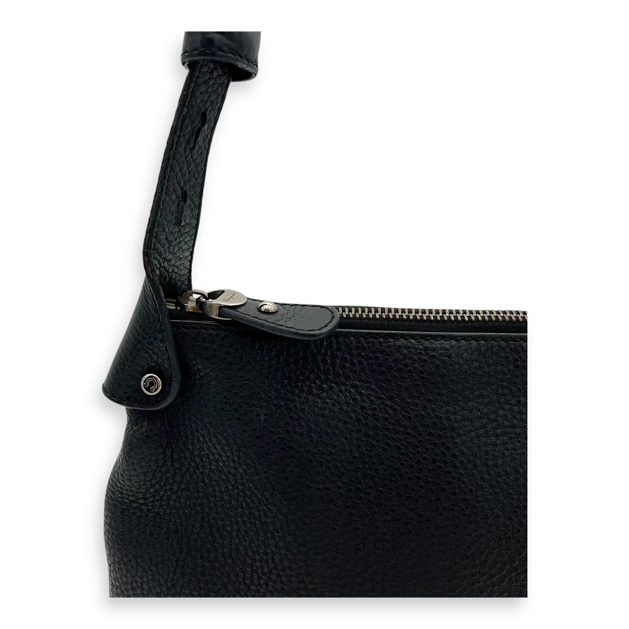 Gancini Black Shoulder Bag in Calfskin, Silver hardware