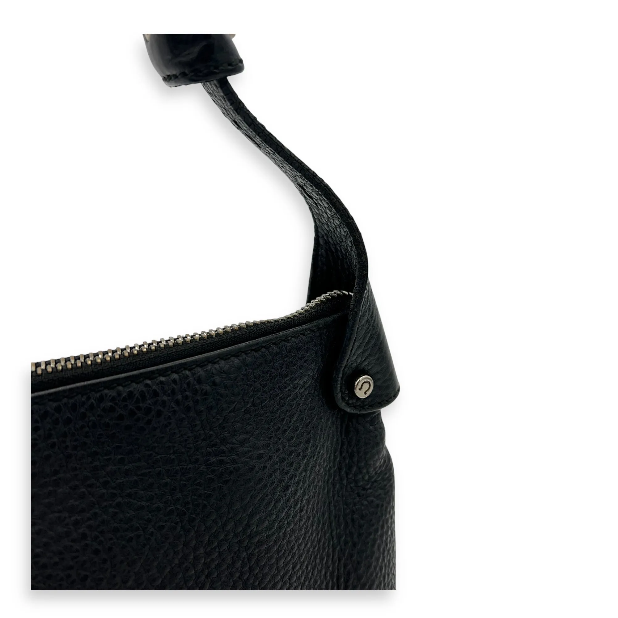 Gancini Black Shoulder Bag in Calfskin, Silver hardware