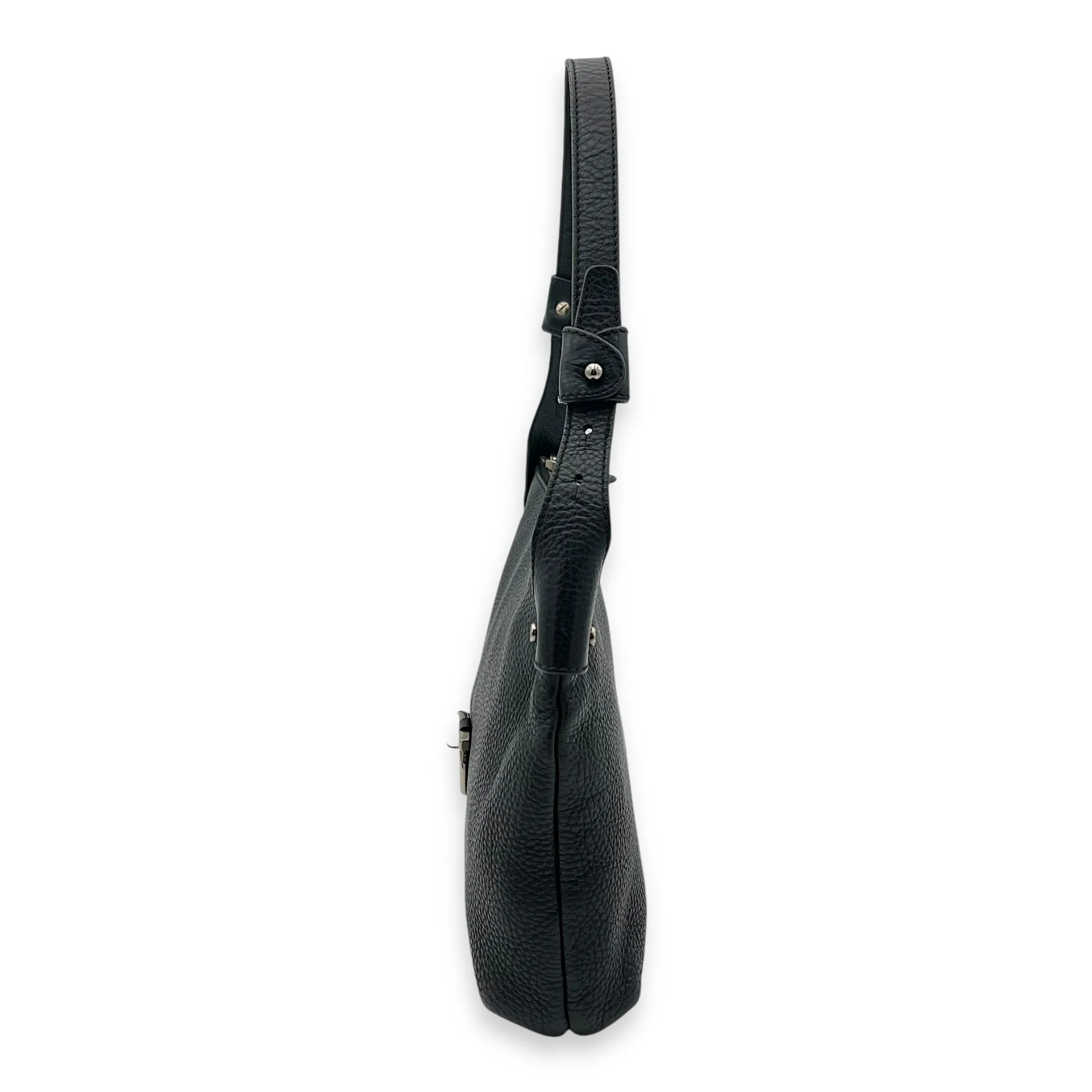 Gancini Black Shoulder Bag in Calfskin, Silver hardware