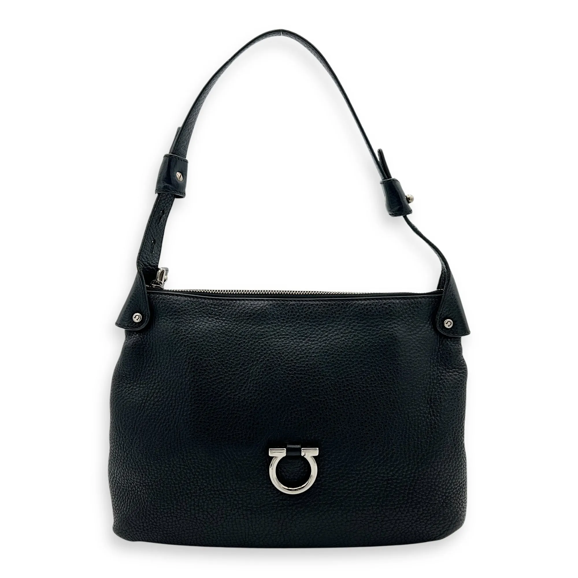 Gancini Black Shoulder Bag in Calfskin, Silver hardware
