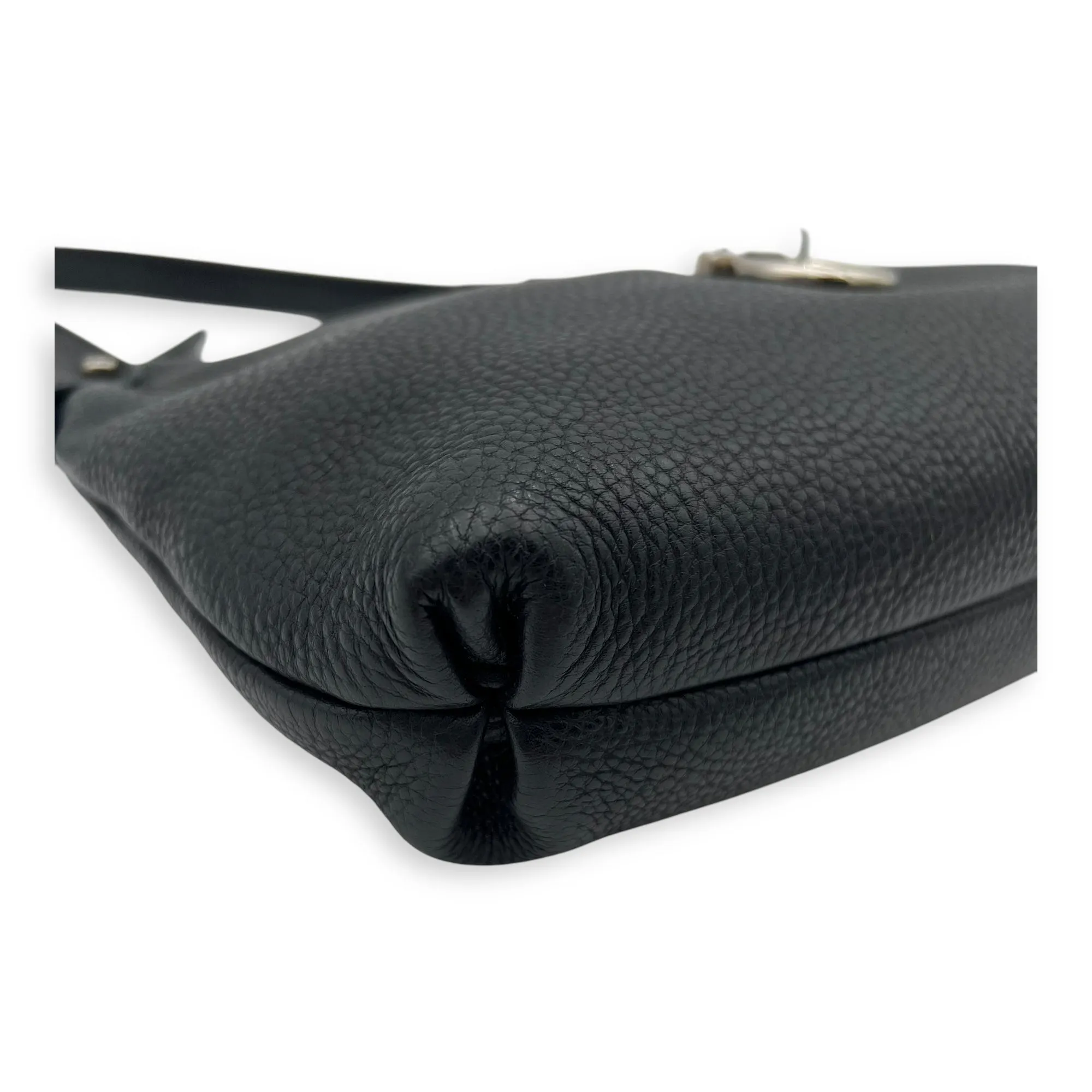 Gancini Black Shoulder Bag in Calfskin, Silver hardware