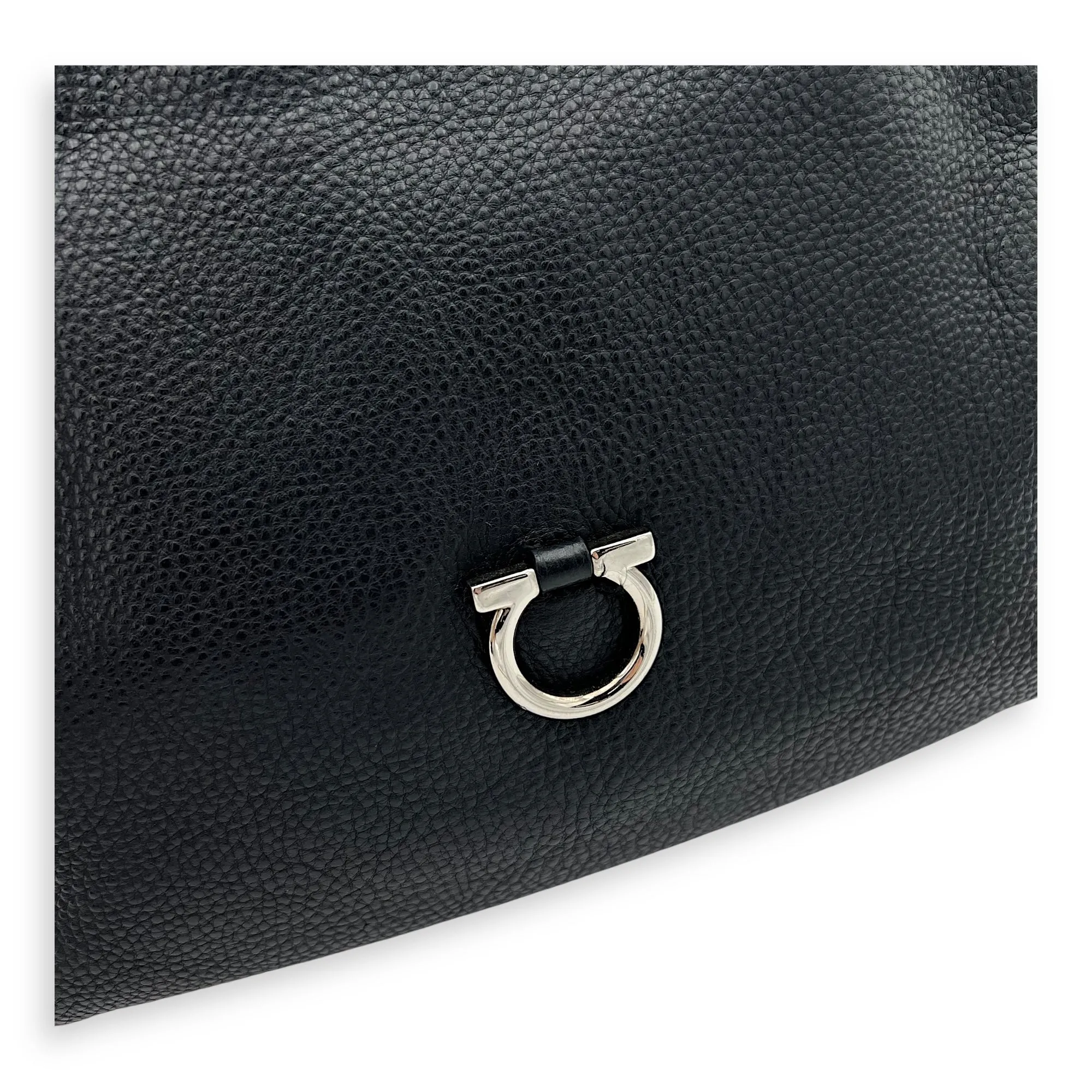 Gancini Black Shoulder Bag in Calfskin, Silver hardware