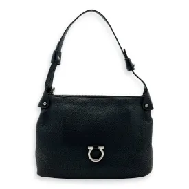 Gancini Black Shoulder Bag in Calfskin, Silver hardware