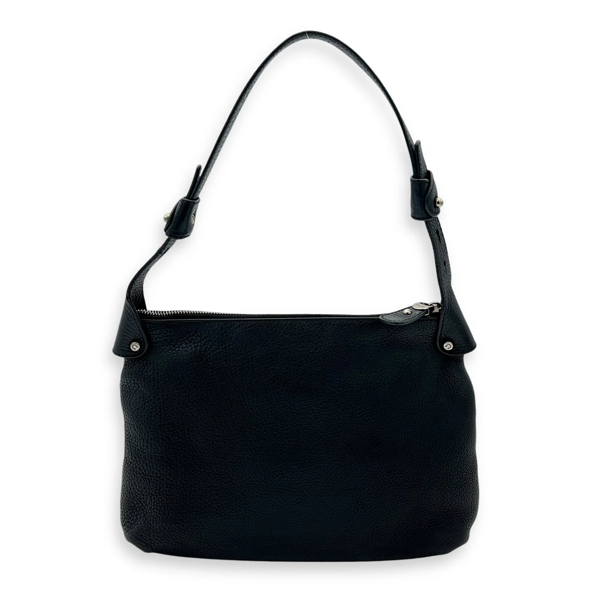 Gancini Black Shoulder Bag in Calfskin, Silver hardware