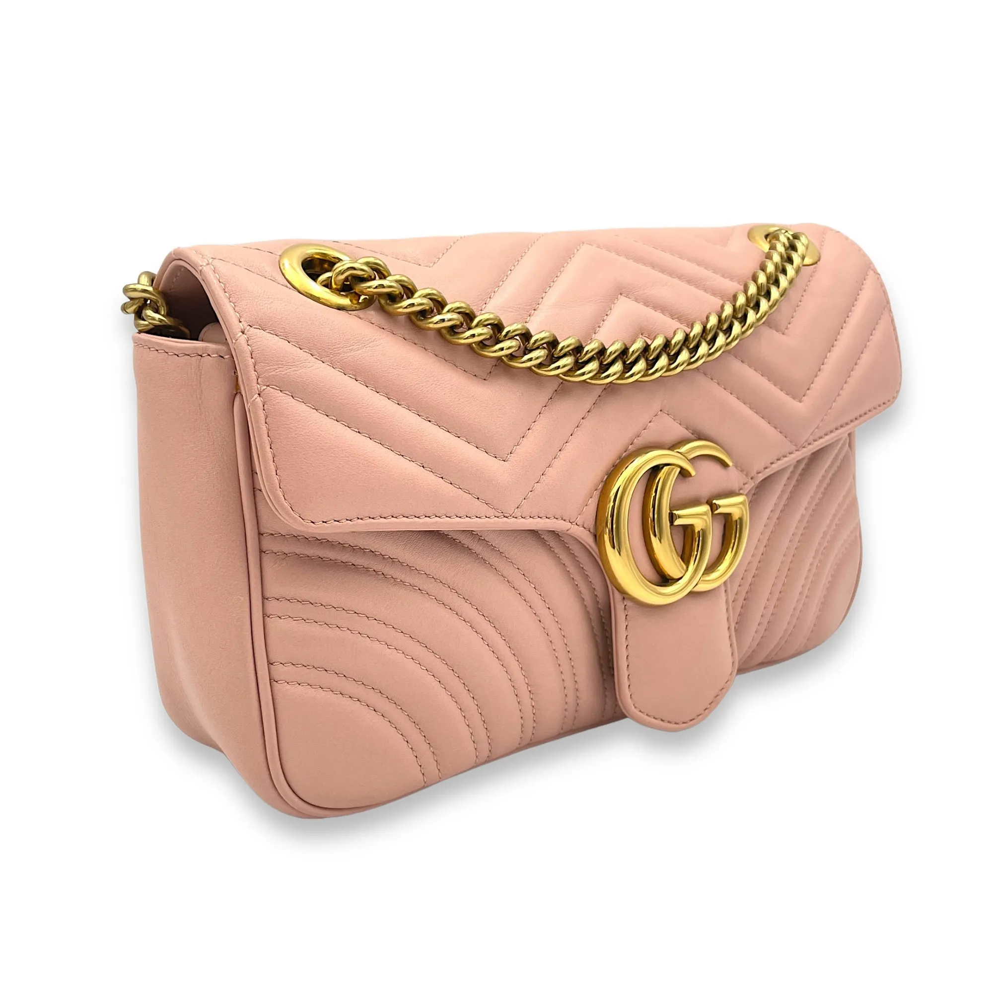 GG Marmont Shoulder Bag Small Pink in Calfskin, Gold hardware