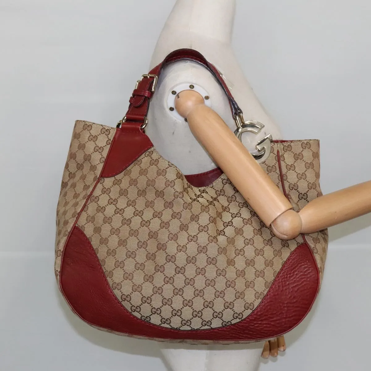 GUCCI GG Canvas Shoulder Bag Beige Bordeaux Gold 203504 98813