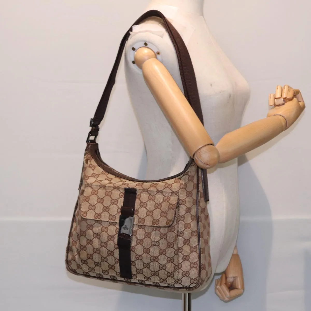 GUCCI GG Canvas Shoulder Bag Beige Brown Silver 131211 86557