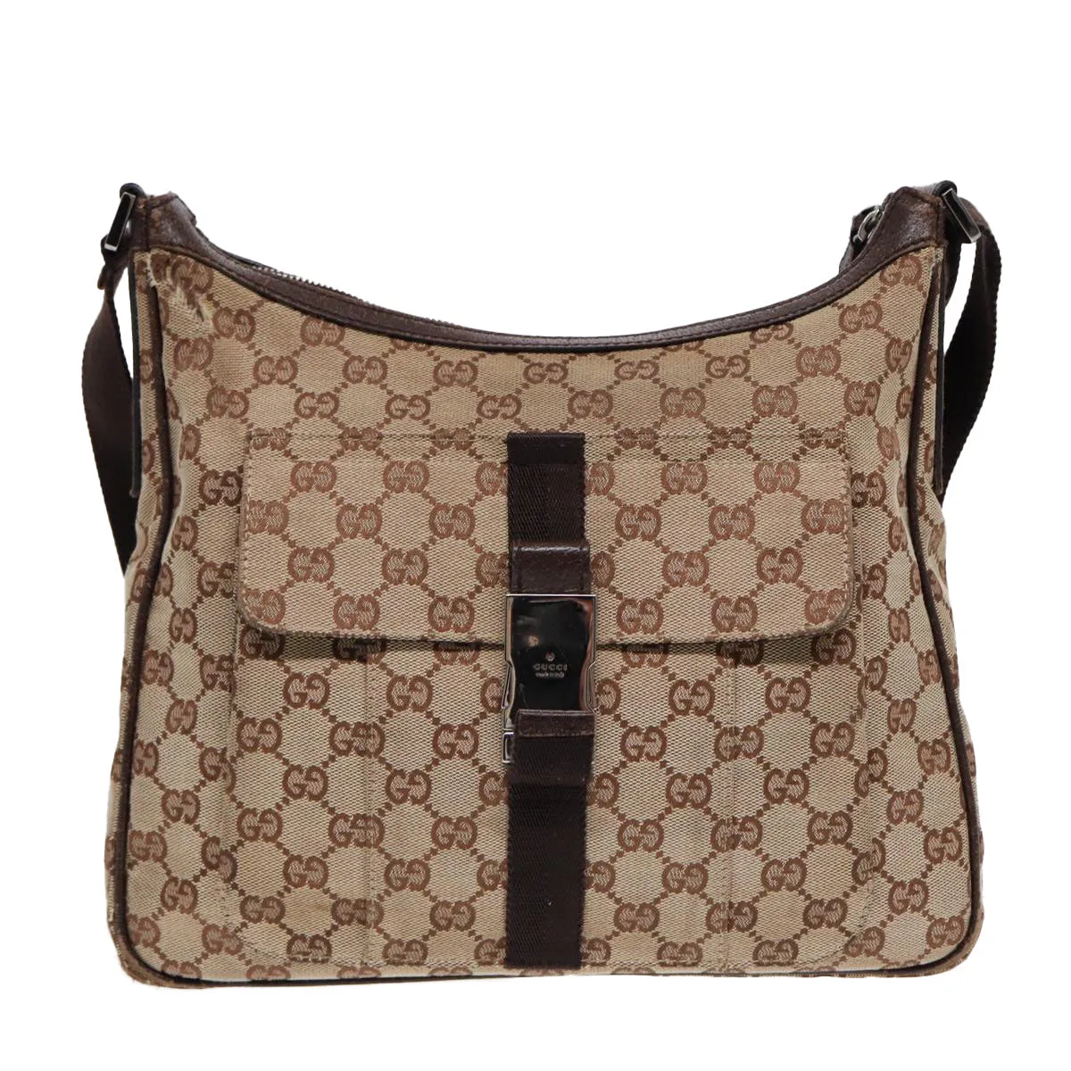 GUCCI GG Canvas Shoulder Bag Beige Brown Silver 131211 86557
