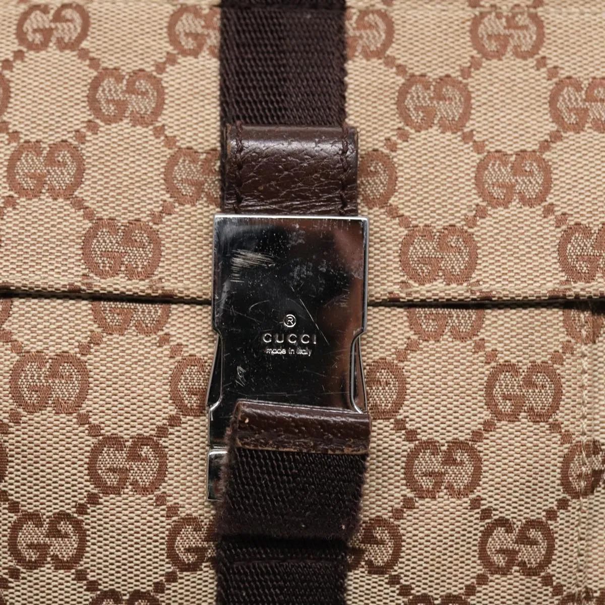 GUCCI GG Canvas Shoulder Bag Beige Brown Silver 131211 86557
