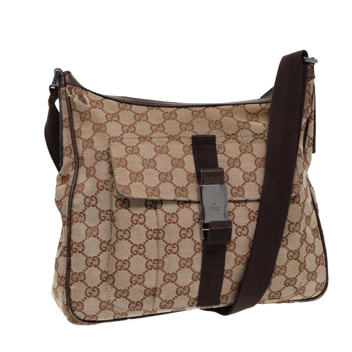 GUCCI GG Canvas Shoulder Bag Beige Brown Silver 131211 86557