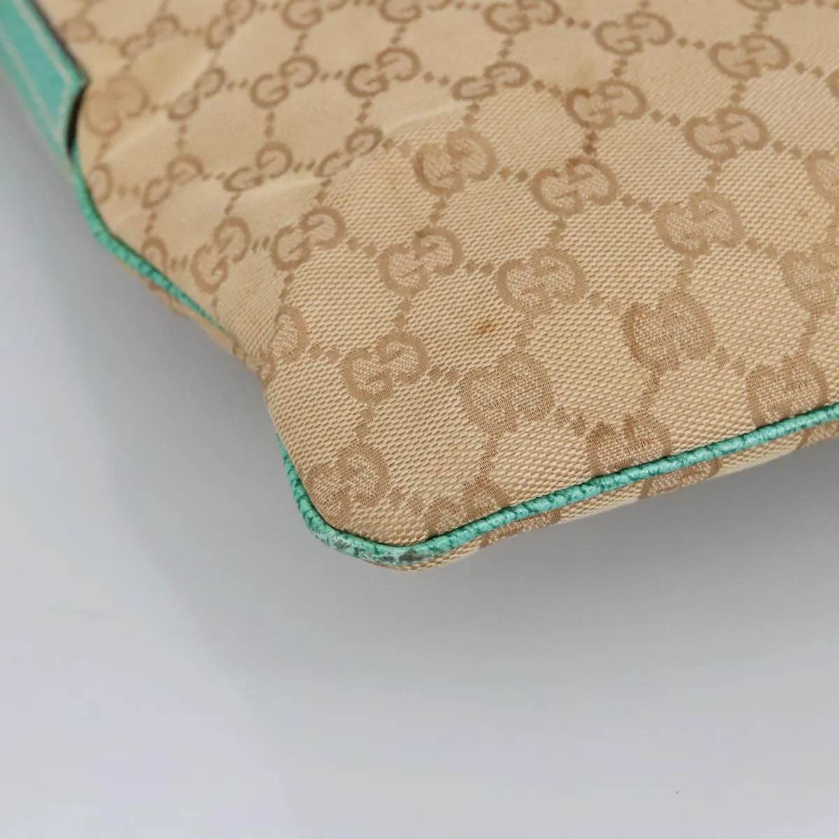 GUCCI GG Canvas Shoulder Bag Beige Silver Green 113013 96980