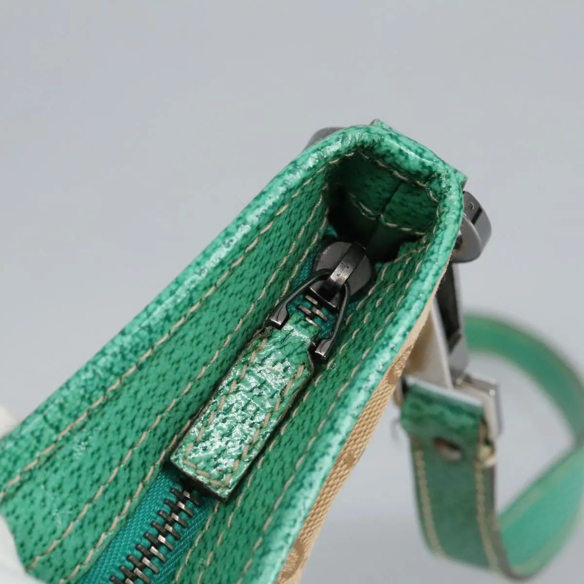 GUCCI GG Canvas Shoulder Bag Beige Silver Green 113013 96980