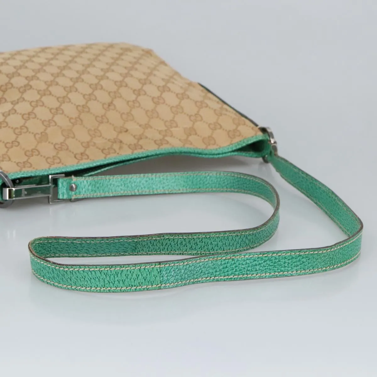 GUCCI GG Canvas Shoulder Bag Beige Silver Green 113013 96980