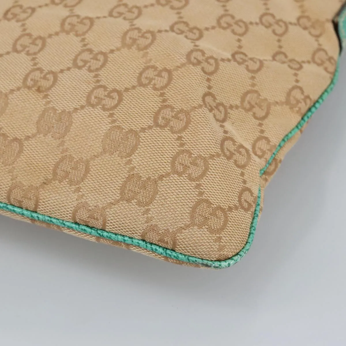 GUCCI GG Canvas Shoulder Bag Beige Silver Green 113013 96980